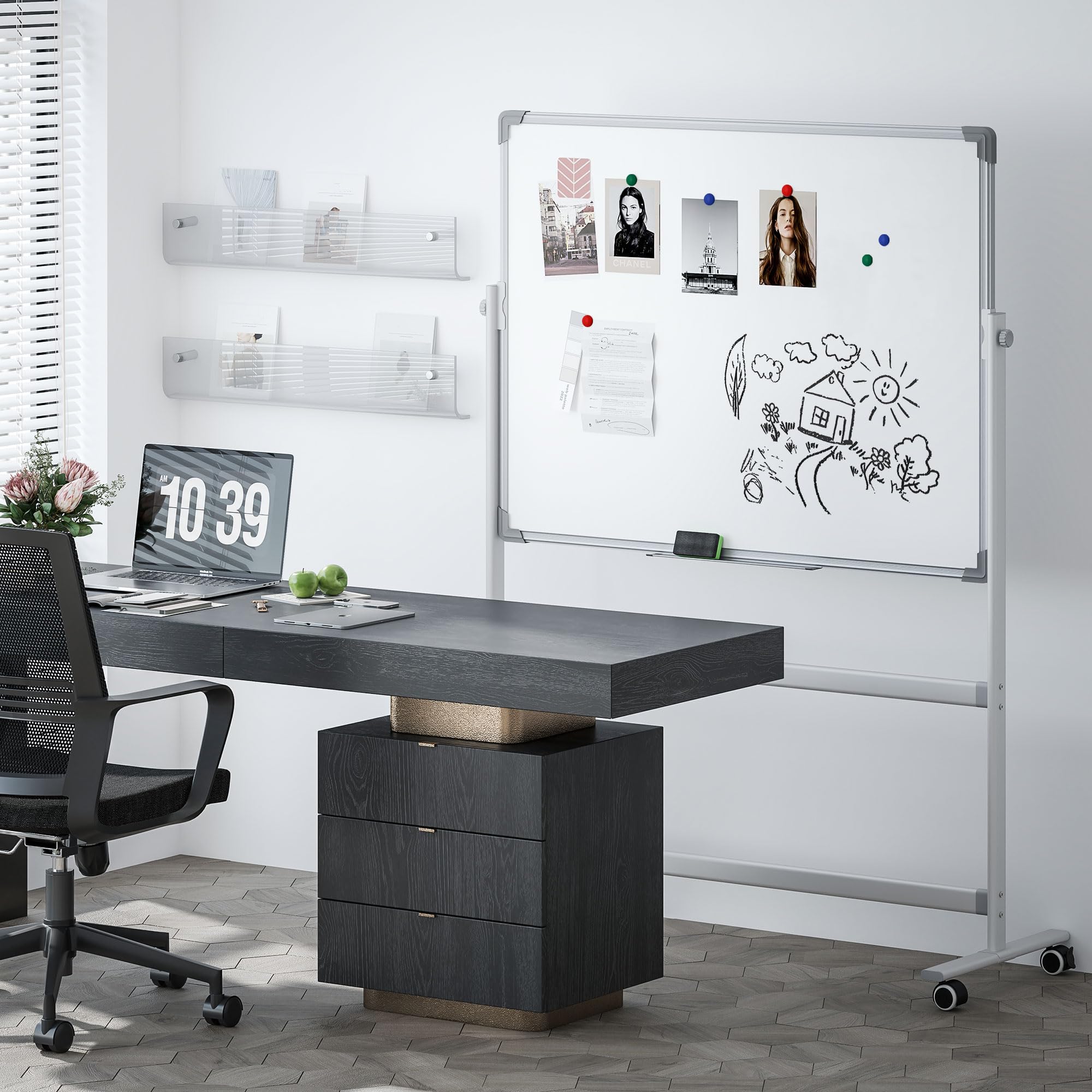HOMCOM Lavagna Magnetica Bianca a 2 Facce 120x90cm, Lavagna Cancellabile a Secco Girevole a 360° 3 Livelli Regolabile con Supporto, Ruote, Cancellino, Pennarelli, Magneti, Vassioio per Ufficio Scuola