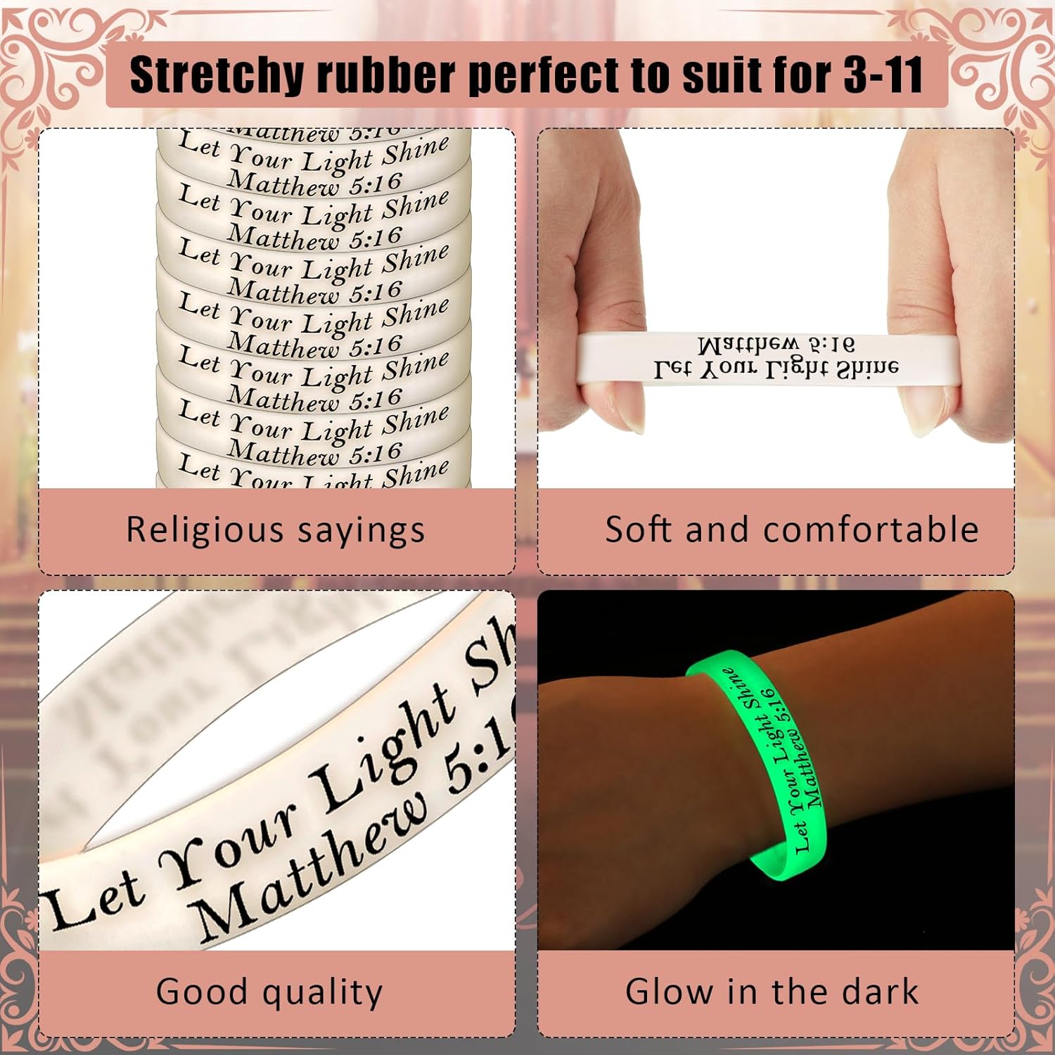 100 Pcs 8'' Christian Bracelets Let Your Light Shine Matthew 5: 16 Bible Verse Christian Wristbands Glow in the Dark Silicone Bracelets Bulk Inspirational Scripture Trunk Or Treat Party Favors - Image 3