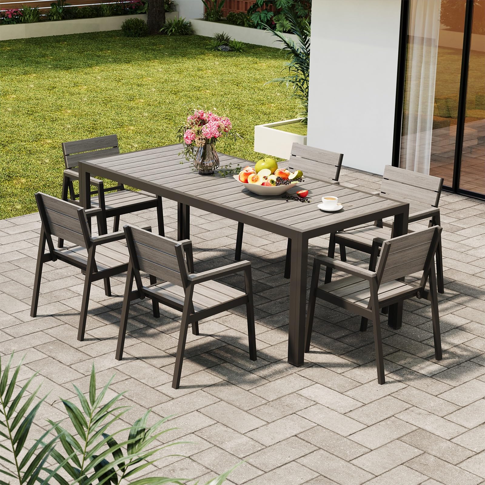 Devoko HDPS Salon de Jardin Exterieur 7 Pièces, Résistance aux Intempéries Ensemble 189 cm Table et 6 Chaise de Jardin Exterieur Aluminium, Finition Grain de Bois et Facile d'entretien(Gris)