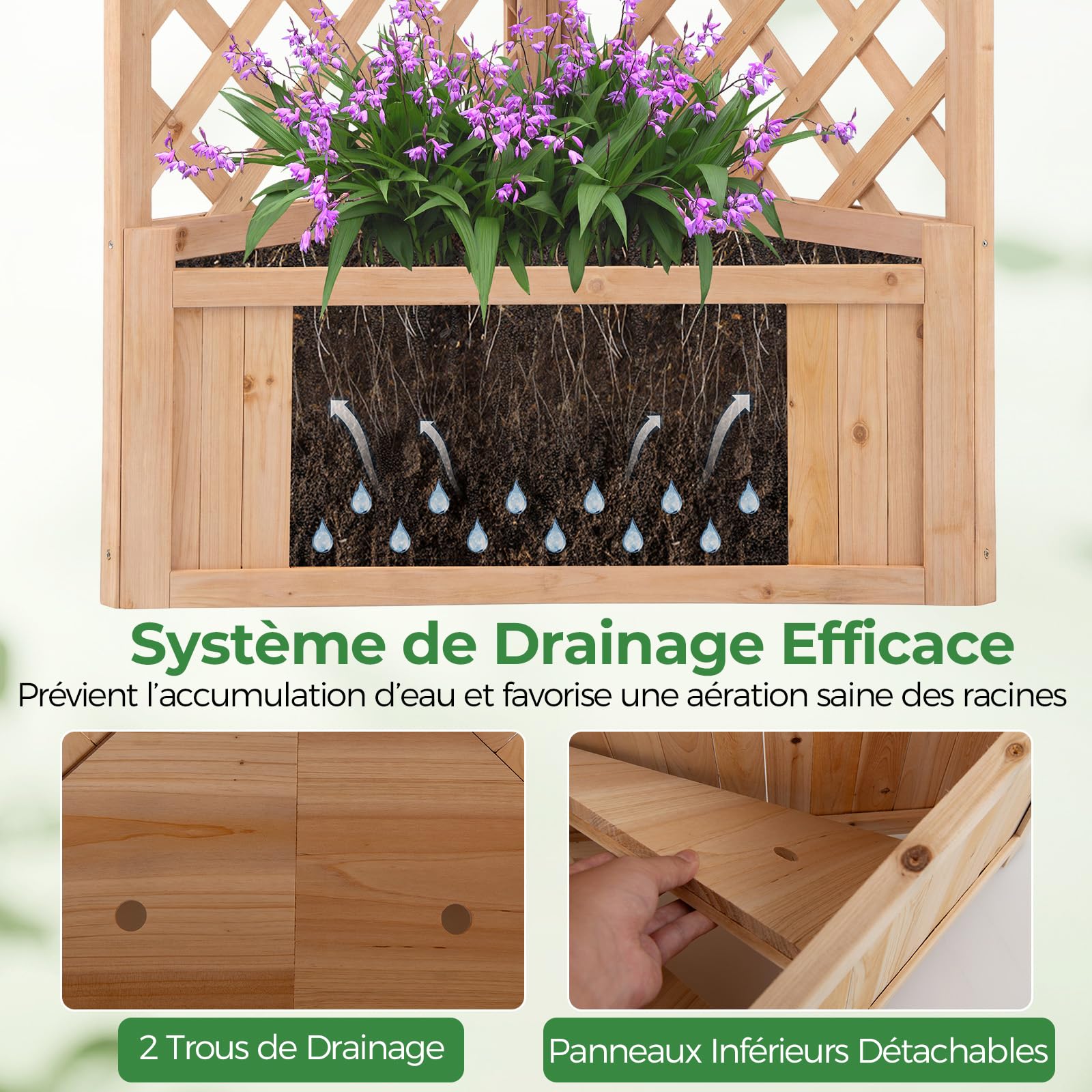 GOPLUS Jardinieres Exterieur avec Treillis en Bois, Jardinière d’Angle en Treillis Surélevée, Trous de Drainage, Bac à Fleurs, Plantes, 55x55x140 CM Idéal pour Balcon, Terrasse, Patio (Naturel)