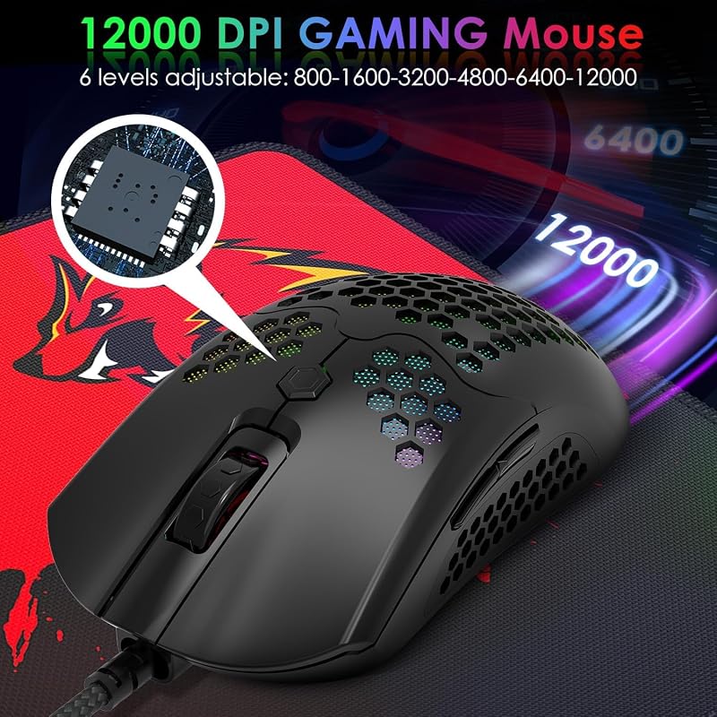 LexonElec 60% Mini Gamer Billentyűzet és Egér Szett - Fekete, RGB Háttérvilágítás, Mechanikus Érzetű, Ergonomikus, 12000 DPI Méhsejt Egér, U