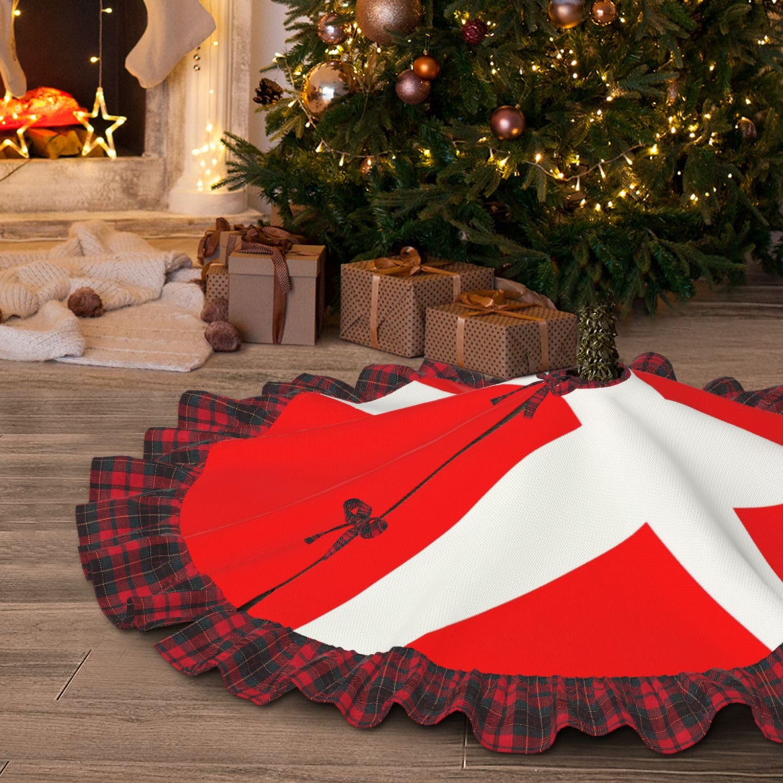 Jupe de sapin de Noël 122 cm avec dentelle imperméable à carreaux rustique