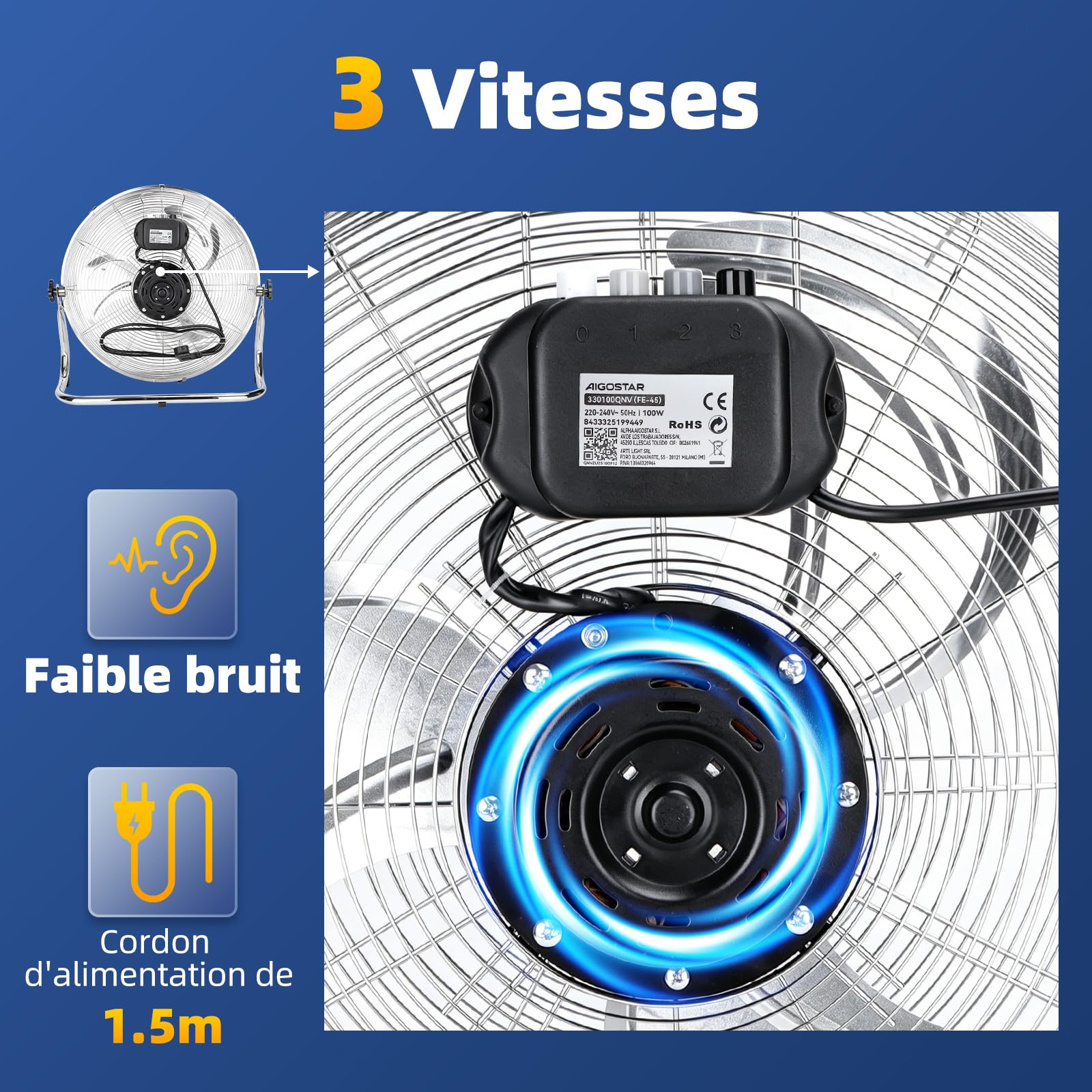 Aigostar Ventilateur Industriel de Sol Puissant-100W Moteur, 3 Vitesses, Oscillation 120°, Pales en Métal Chromé, Grille Renforcée, Design Portable avec Poignée, pour Atelier, Magasin, Maison (54cm)