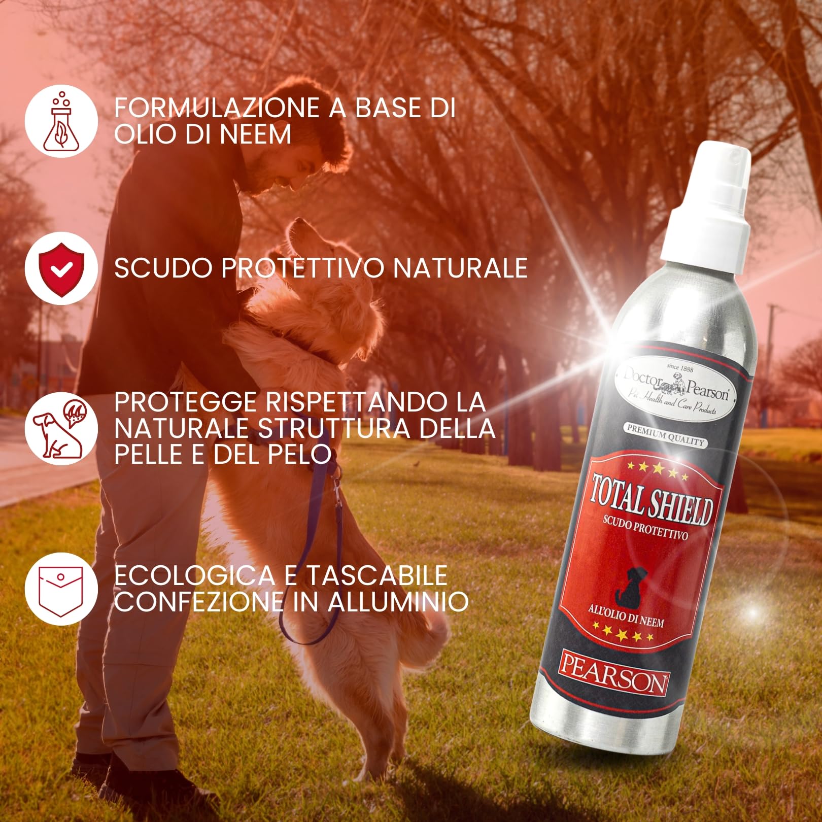 Pearson Total Shild Spray Huile de Neem pour chiens, Bouclier protecteur naturel à l'huile de Neem pour chats et chiens, flacon pulvérisateur écologique 250 ml, fabriqué en Italie.