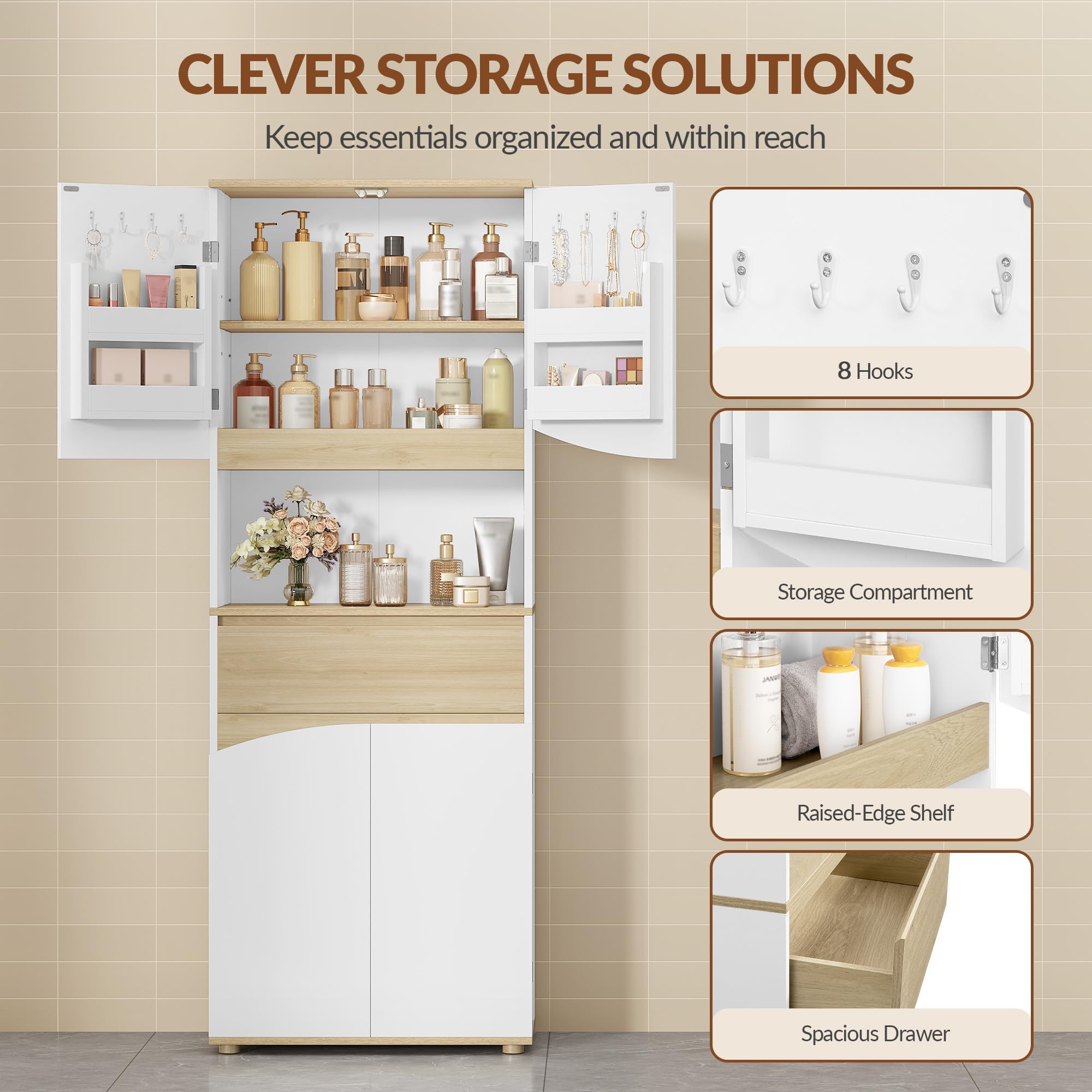 Armario de Baño, Columna Alto, 60 x 30 x 170 cm, Blanco y Roble | Mueble Baño, Armario de Almacenamiento, Estantes Ajustables, para Baño, Cocina, Salón, FFBC031PWN1