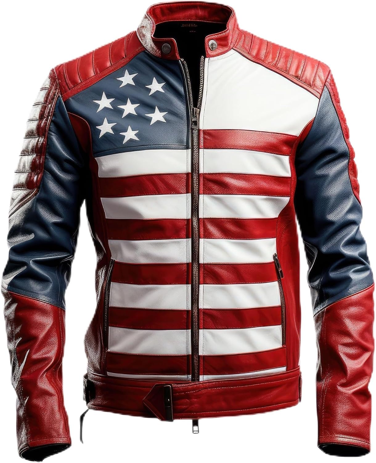 Mens Genuine Leather Motorcycle Zipper Coat Inspired by American Flag With USA Flag Red and White Jackets