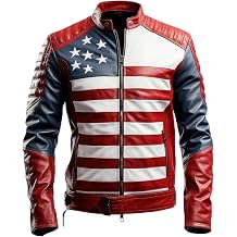 Mens Genuine Leather Motorcycle Zipper Coat Inspired by American Flag With USA Flag Red and White Jackets