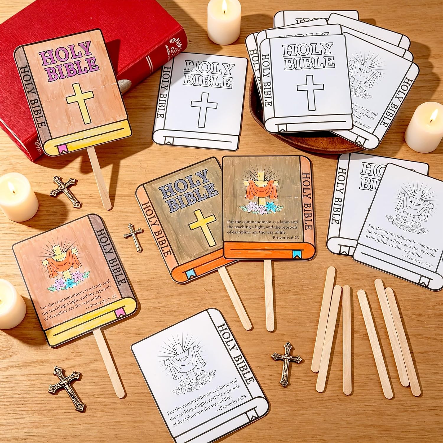 25 Sets Church Fans Handheld Set Christian Religious DIY Bible Craft Included Blank Cardstock Wooden Handle Sticks Color Your Own Fan Kit for Sunday School VBS Church Home Classroom Activities image 5