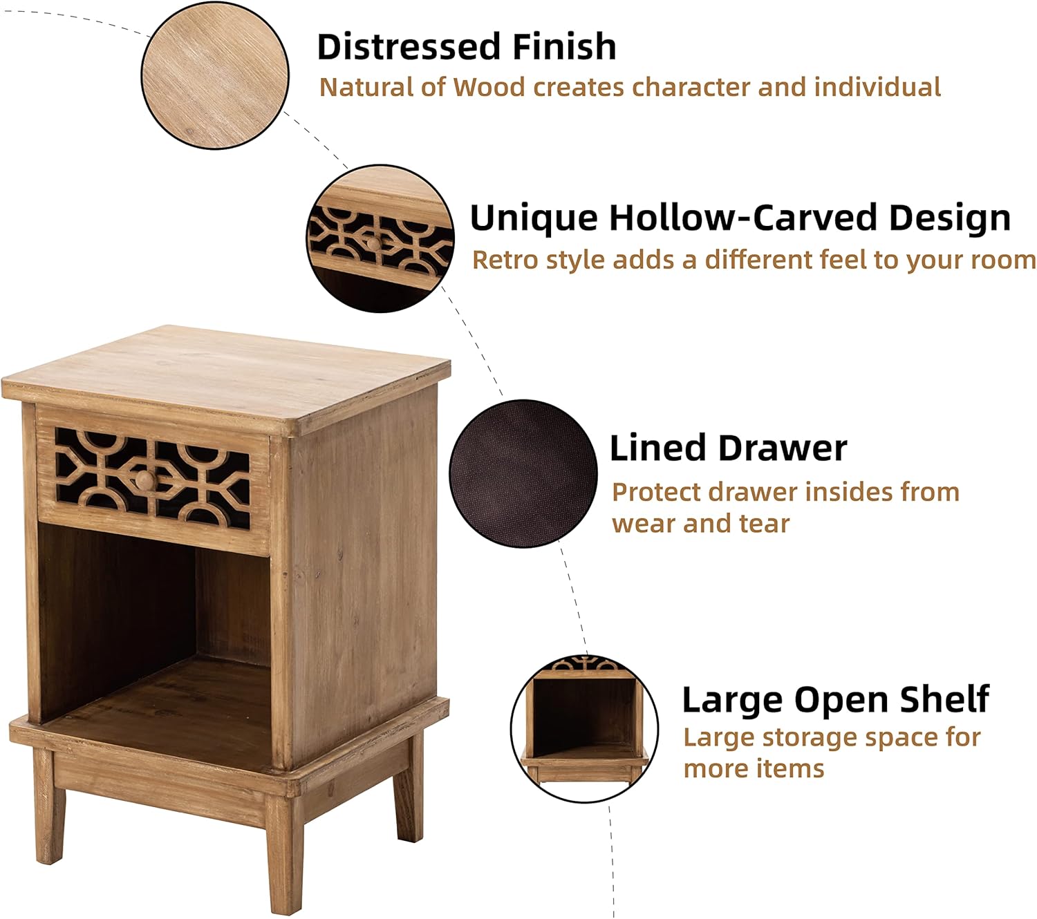 COZAYH Retro Rustic Nightstand Solid Fir End Table Side Table with Hand Carved Front and Open Shelf for Boho, French Country, Farmhouse Style, Natural