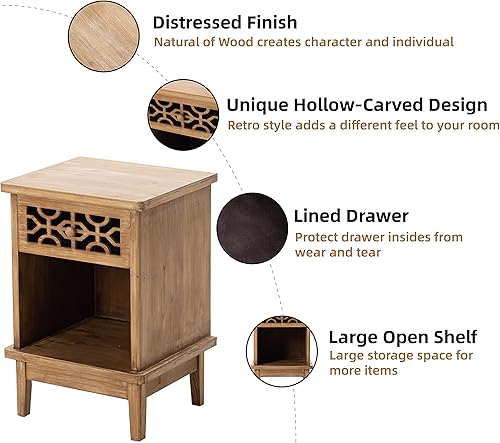 Miniatura 3 de LONYKE Mesita de noche rústica, mesa auxiliar de madera maciza, mesa auxiliar retro de granja con parte delantera tallada a mano y estante abierto,