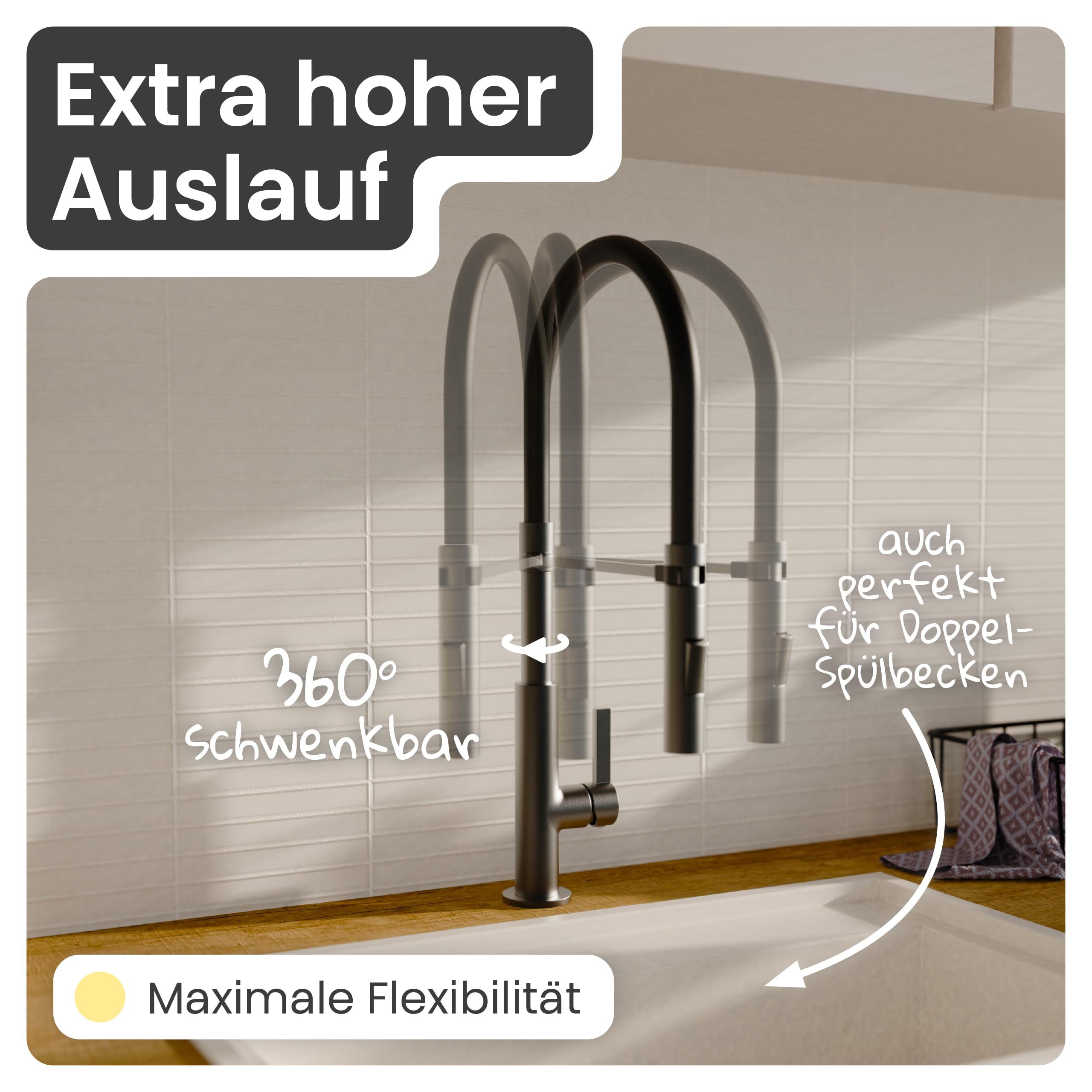 instmaier Nova | Küchenarmatur mit flexibler Geschirrbrause | Graphit matt | Wasserhahn Küche 360° schwenkbar | Spültischarmatur mit 2 Strahlarten | Mischbatterie