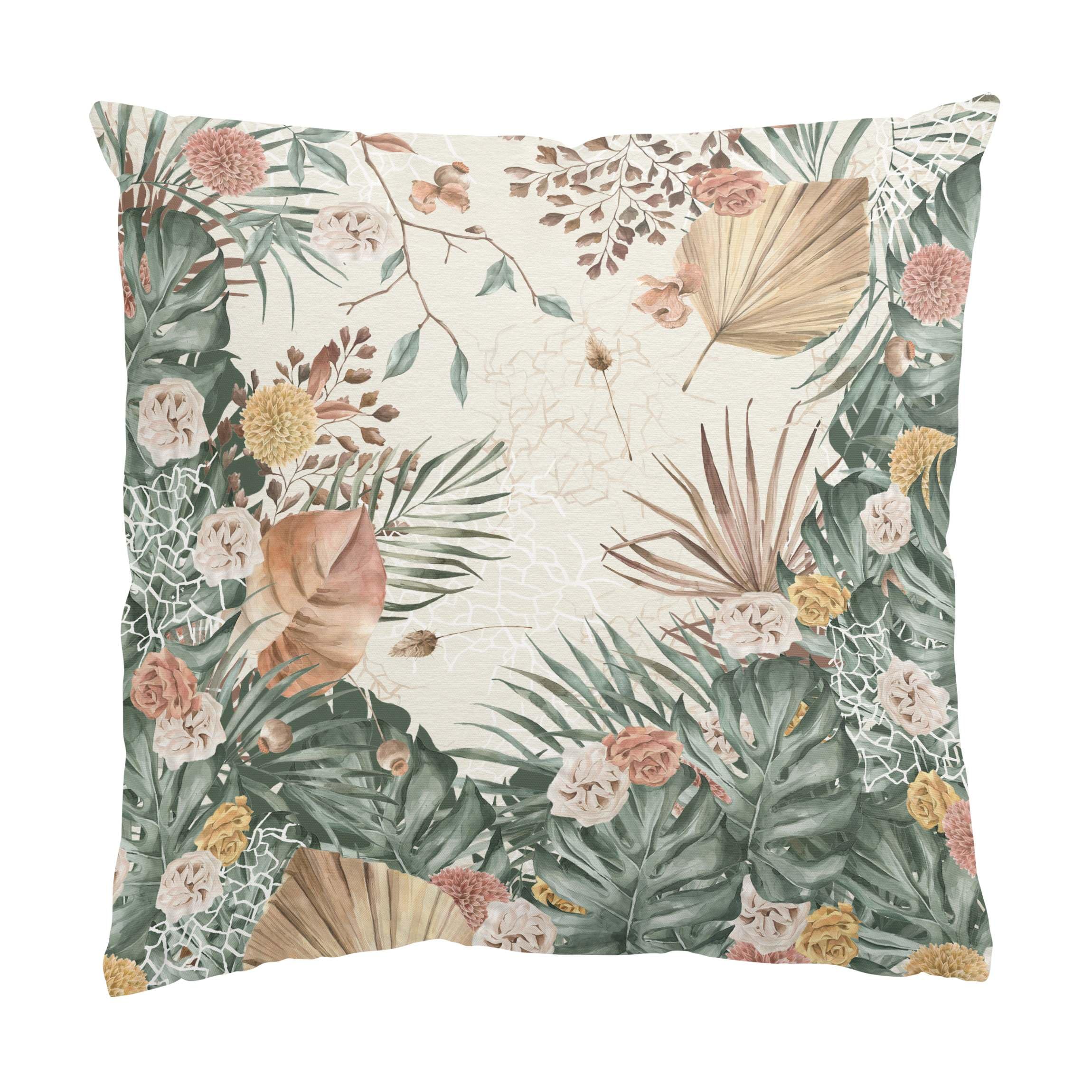 Dekokissen drinnen/Indoor waschbar mit Motiv mit Füllung Zierkissen - Made in Germany - Pflanzen Bezug grün Sofakissen Aquarell Tropisch Indoor Sofa Bett 1049