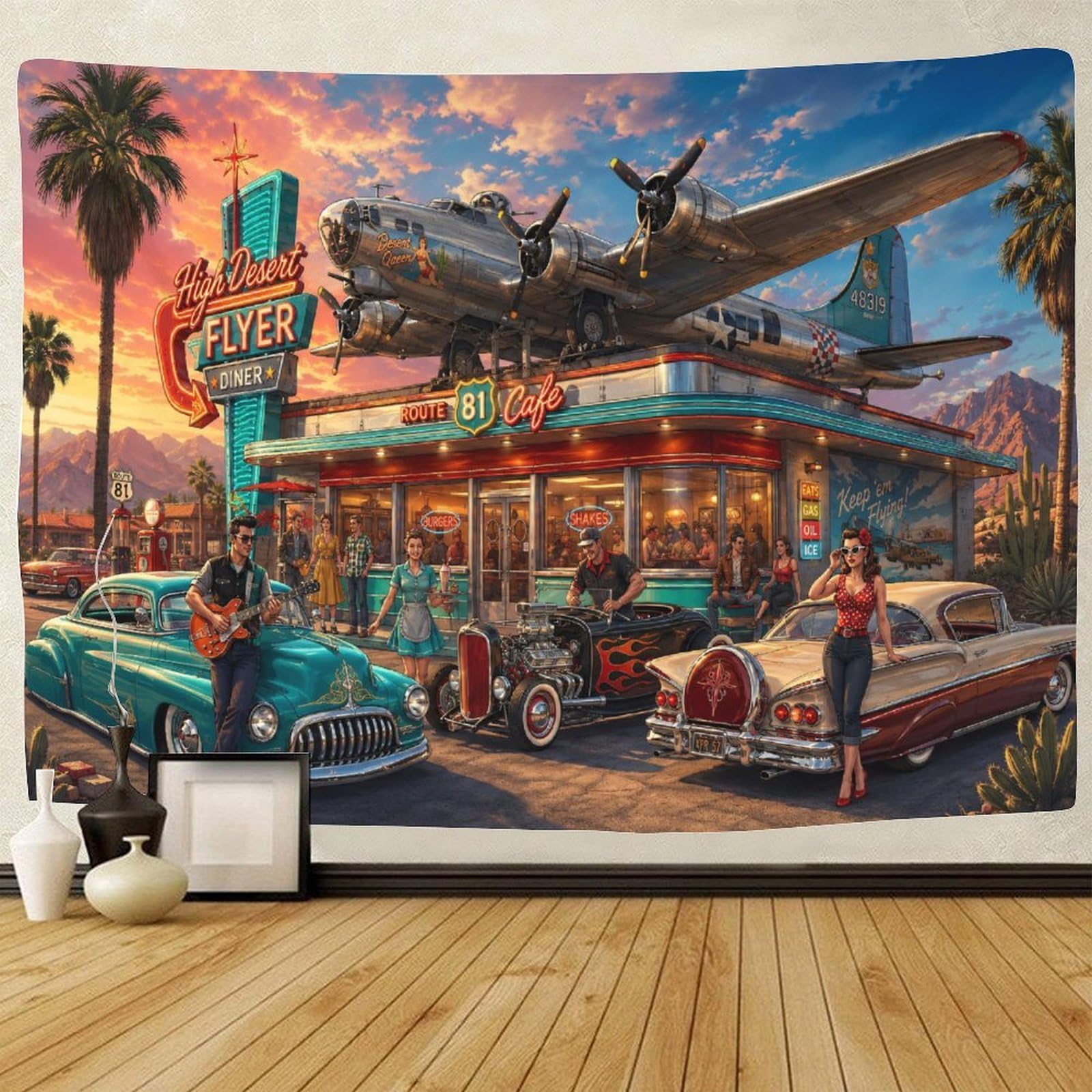GPMNBCXZK Route 66 Vintage Aircraft Tapestry for Bedroom Wall Hanging Decor 3D Print Tapestries Poster Home Decoration Living Room College Dorm 180cmx230cm