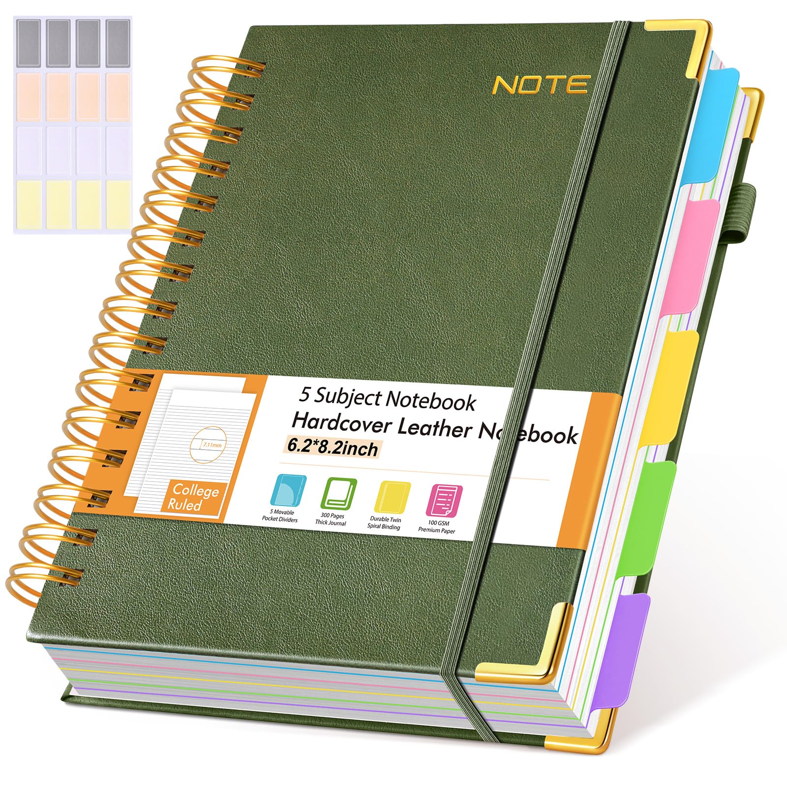 Hardcover Spiral Notebook with Removable Dividers Tabs, 300 pages Leather 5 Subject Notebook College Ruled, 6.2" x 8.2" Journal for Women Men, Small Notebooks for Work School Note taking,A5 Green