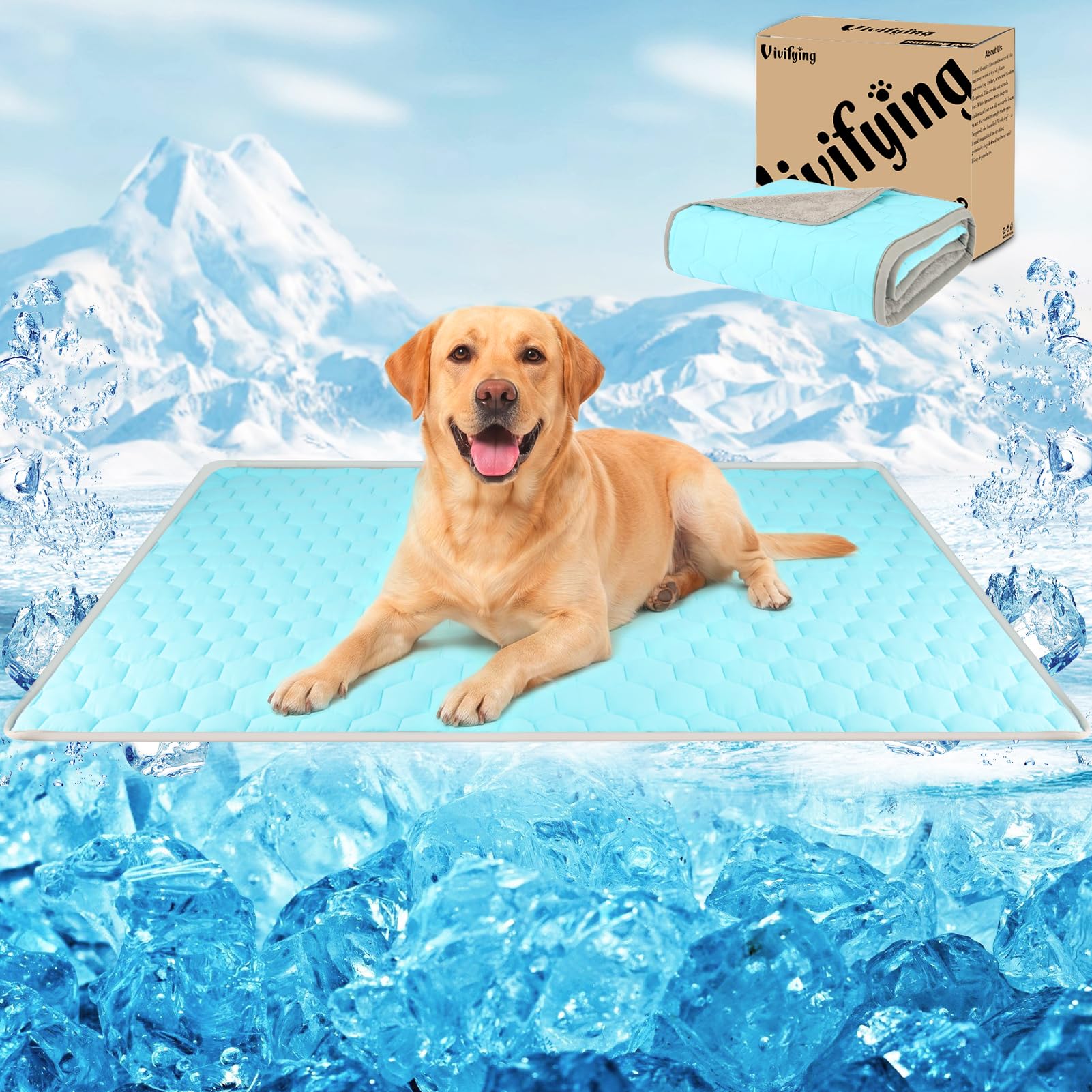 Vivifying Cooling Mat for Dogs, 40 x 30 Inch Waterproof Reversible Pet Cooling Pad with Ice Silk & Soft Velvet, Washable Summer & Winter Pet Blanket for Couch, Bed, Crate, Floor, Car Seat (Blue&Grey)