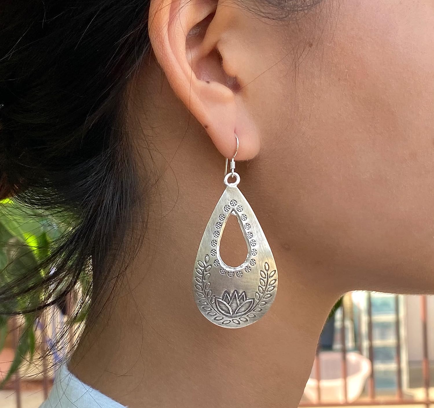 Sterling Silver Large Lotus Flower Earrings, Handmade Oval Drop shape Floral Boho Hippie Statement Dangle earrings, Gift for Her - Image 5