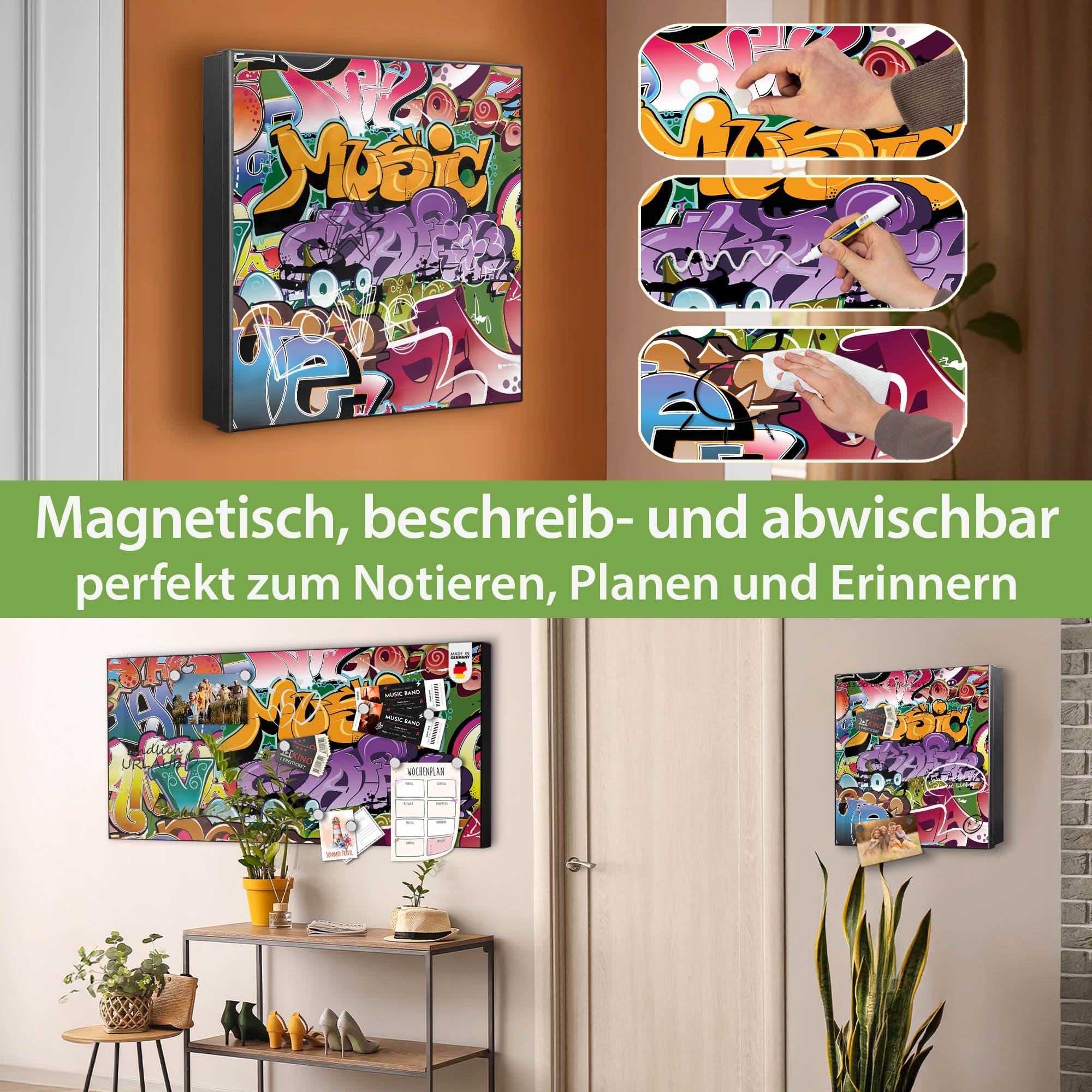 banjado Großer Schlüsselkasten Metall - Schlüsselbox 30x30cm beschreibbarer mit 32 Haken - Schlüsselkasten modern für Schlüsselaufbewahrung - Korpus Schwarz Scharnier Links - Motiv Graffiti