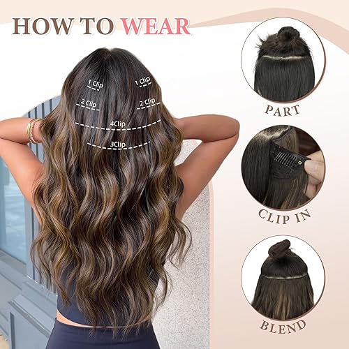 Miniatura 90 de Synthetic Clip in Hair Extensions, 6PCS Natural &Soft Hair& Blends Well Lonng Wavy Hairpieces(20inch,6pcs, Black with Brown Highlights)