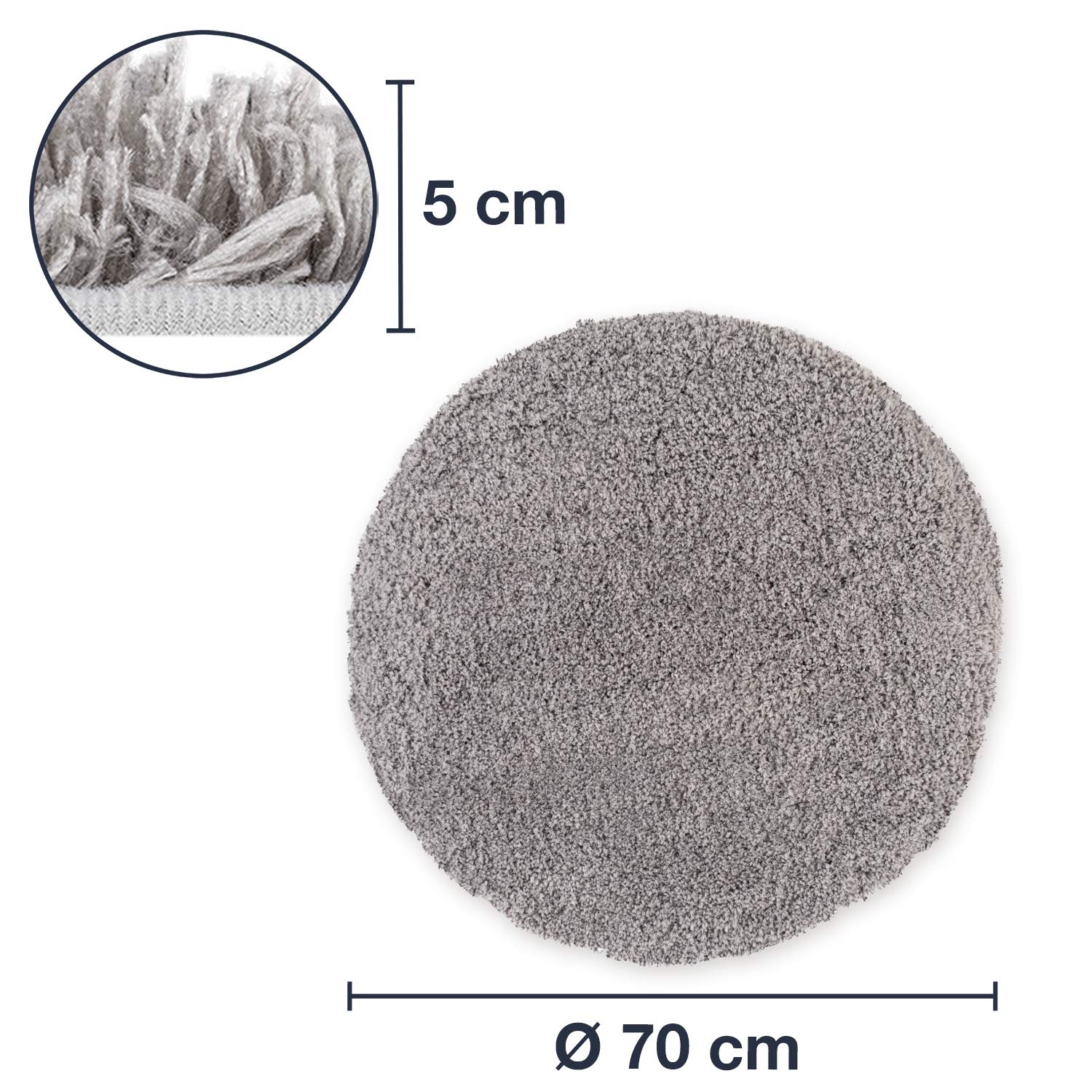 WohnDirect Premium Hochflor Badezimmerteppich Grau • Rutschfester & Extra Flauschiger Badvorleger • Badteppich, Badematte Rund Ø 70 cm
