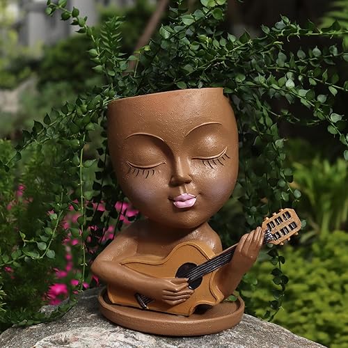 Dolkgy Macetas de cara para plantas, bonita maceta de cara de mujer negra, maceta novedosa para niñas con bandeja para plantas de interior y