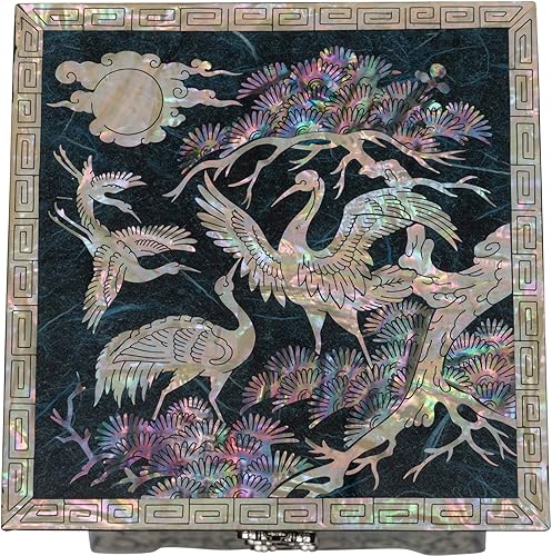 Miniatura 5 de February Mountain Joyero de madera de nácar collar, pendientes, pulsera, anillo de almacenamiento con 3 cajones (azul)