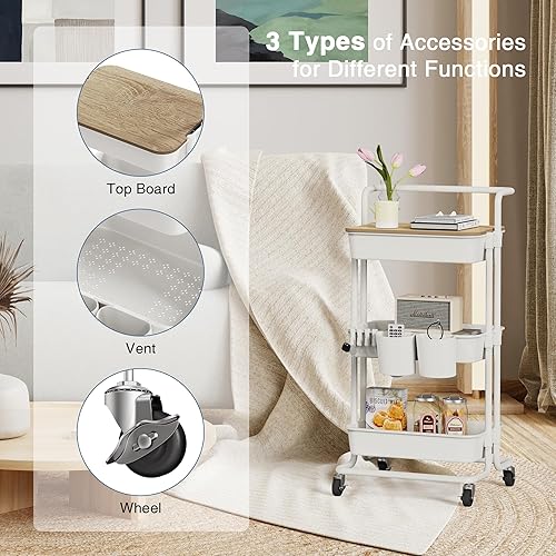 Vista 18 de DTK Carrito utilitario rodante de 3 niveles con tapa superior, carrito de almacenamiento de cocina móvil con ruedas bloqueables, tazas, ganchos