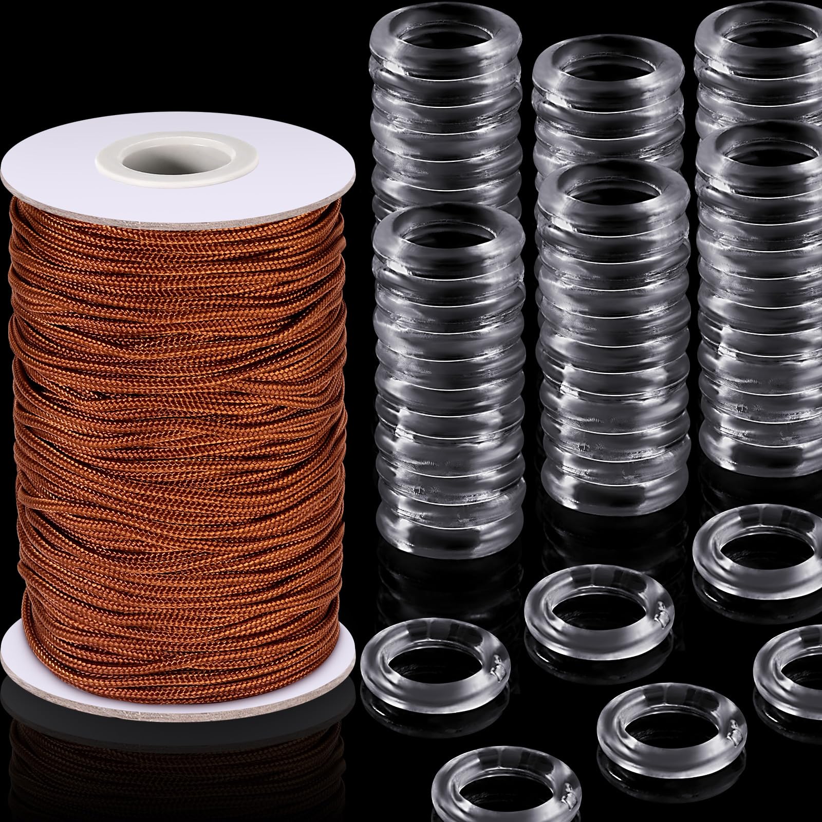 100 Pieces Clear Roman Curtain Rings 55 Yards Roman Blind Cord 8 to 13 mm Transparent Plastic Rings 1.8 mm White Braided Lift Shade Cord for DIY Blind Curtains(Brown) โ image 1