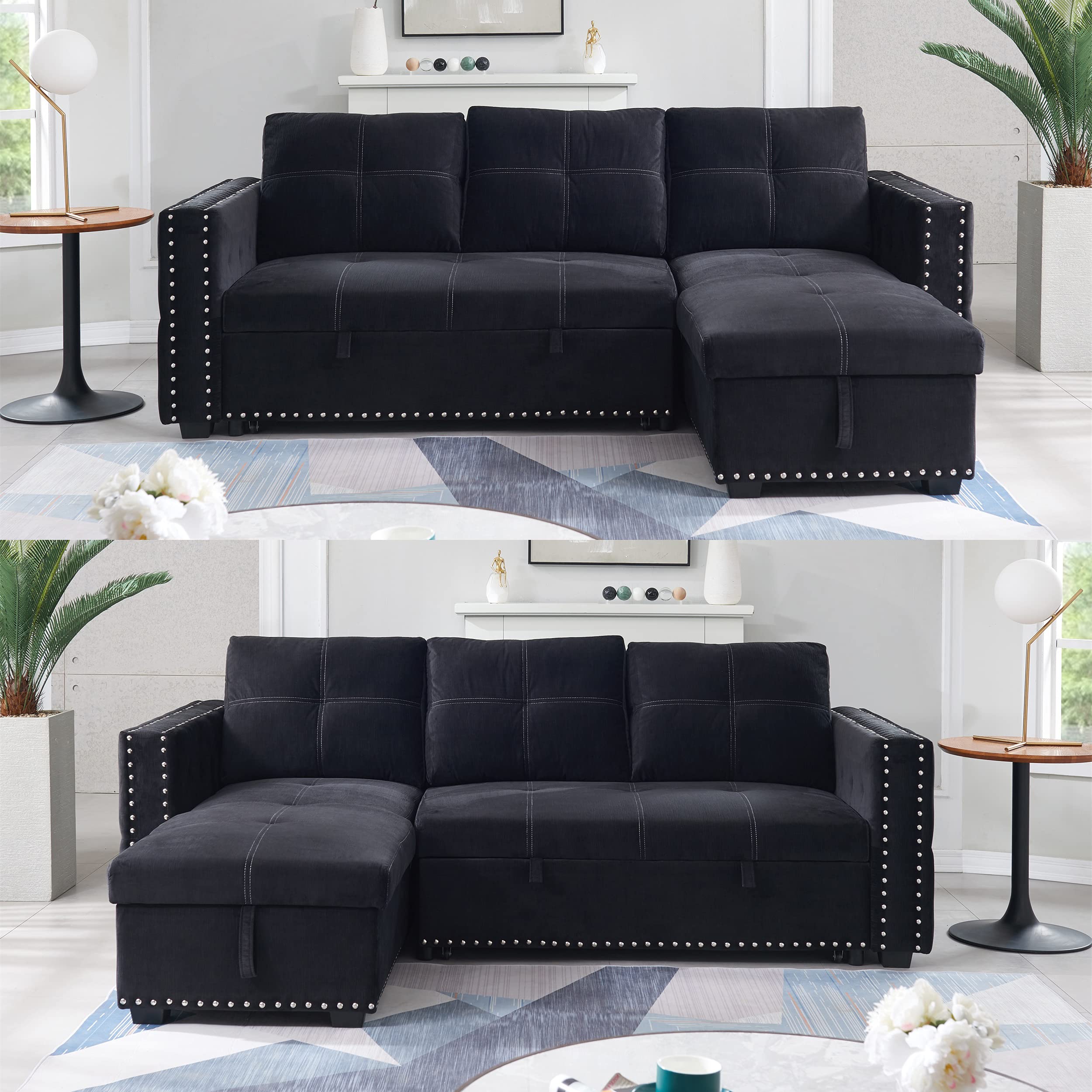 Sectional Sofa with Chaise, HABITRIO 91" LShape Seat Couch w/PullOut