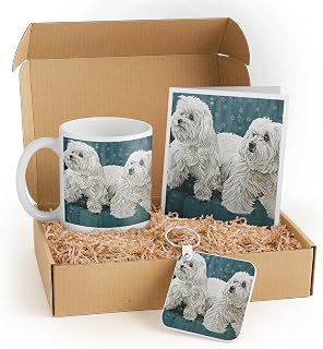 3dRose Maltese Dog Lover Gift Set - Mug, Keychain, and Card Featuring Two Fluffy White Dogs - Perfect for Dog Enthusiasts, Birthdays, and Holidays