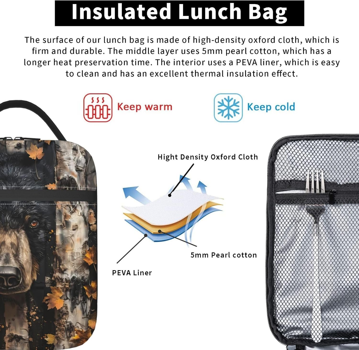 Insulated Lunch Box for Kids Boys Girls, Reusable Lunch Bag for School, Office, Work, Picnic, Travel, Black Bear Lunch Box - Image 5