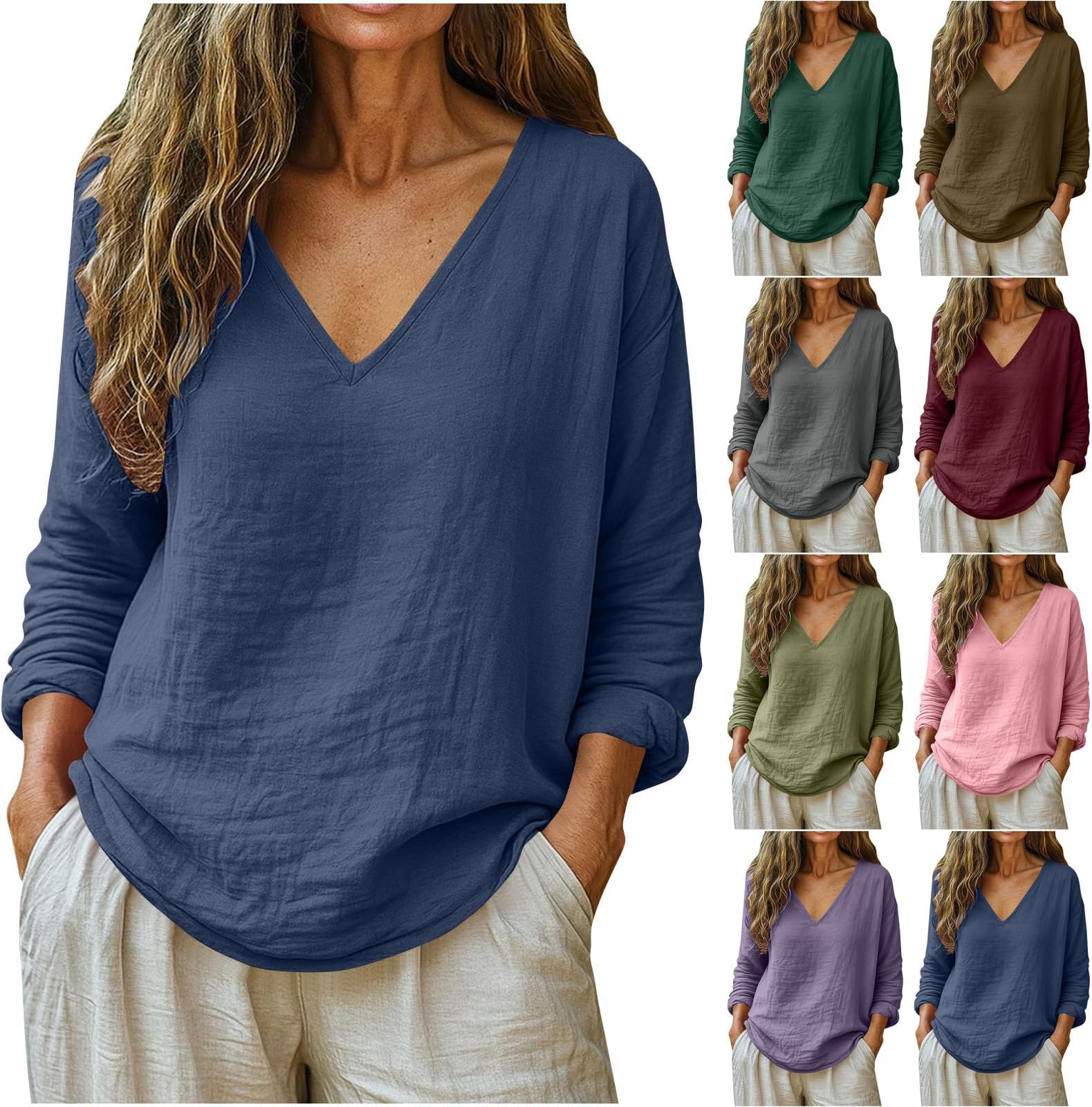 Linen Shirts For Women - Long Sleeve v Neck Tunic Tops Dressy Casual Summer Loose Spring Fashion Blouses Tshirts