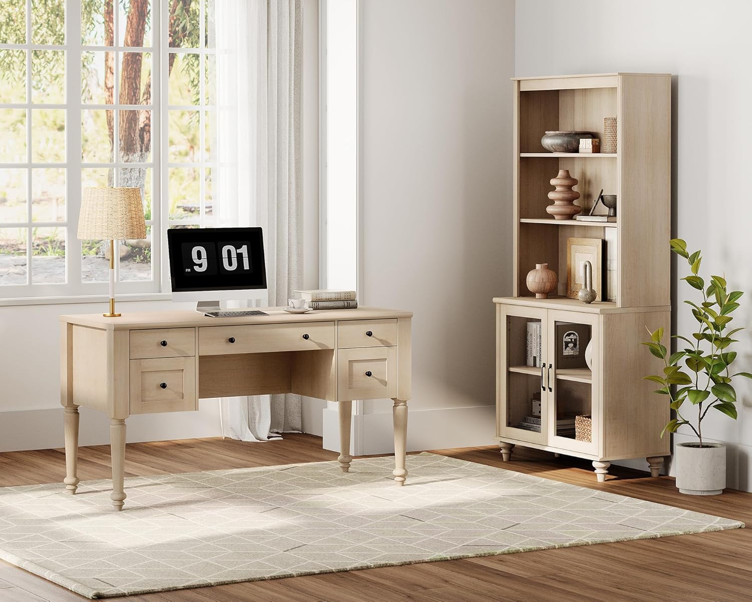 WAMPAT Home Office Furniture Set, 56'' Executive Desk with Charging Station, 72" Tall Bookcase with 2 Glass Doors, Wood Computer Desk with File Cabinet Storage, Open Shelf, Light Oak