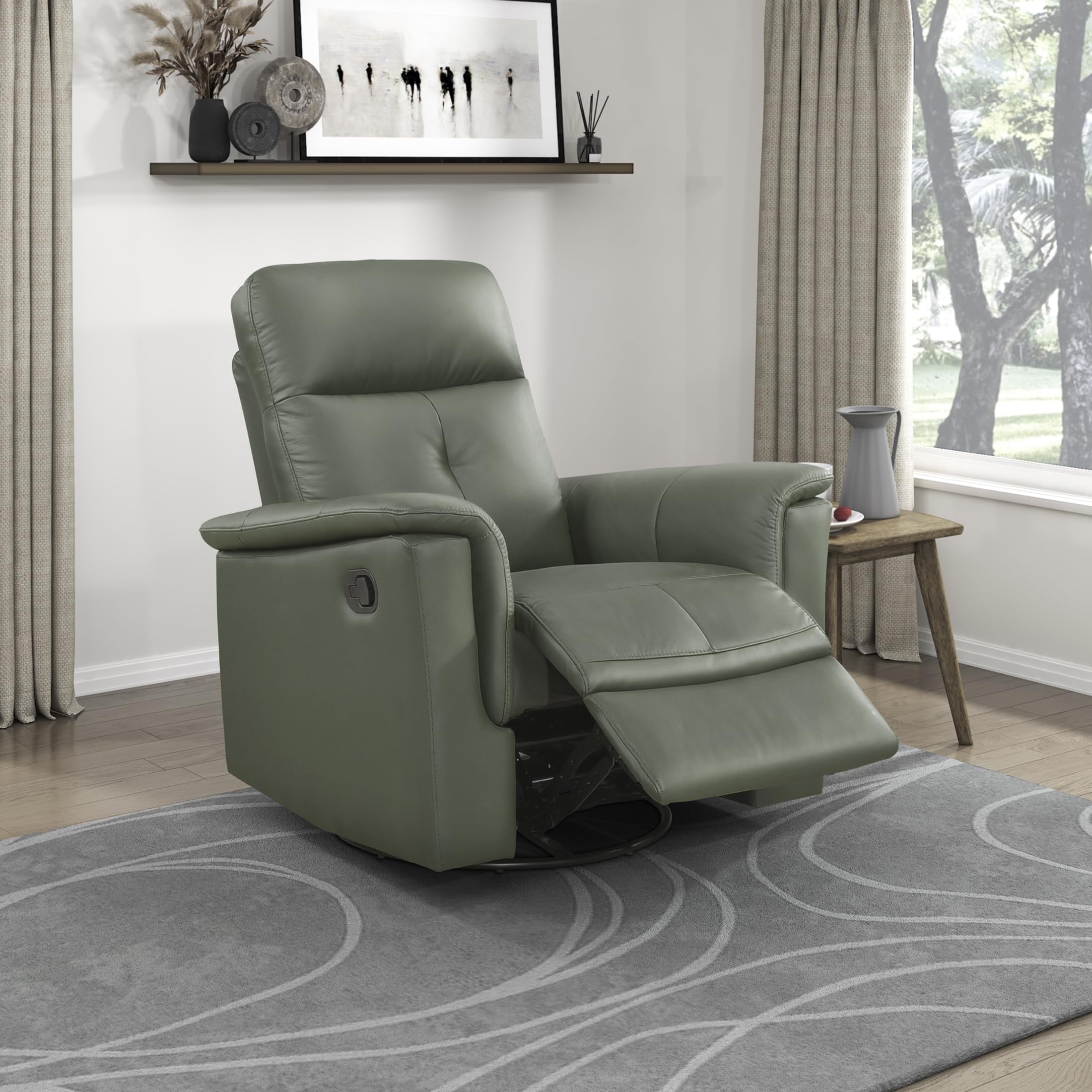 Lexicon Swivel Glider Recliner Chair, Comfy Nursery Glider, Top Grain Leather Match Recliner, Manual Reclining Chair for Living Room/Office/Apartment, Green