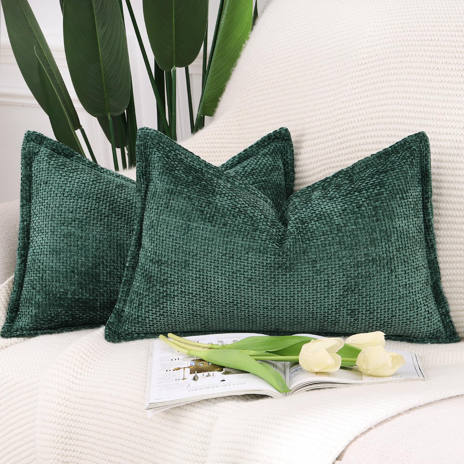Madizz Set of 2 Chenille Velvet Cushion Covers with Flange Soft Boho Textured Throw Pillow Covers Broadside Pillowcases Modern Farmhouse Home Decor for Sofa Bedroom Dark Green 12x20 inch