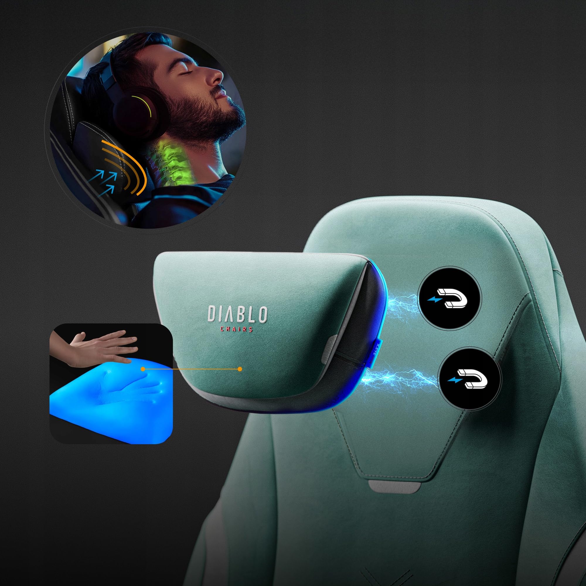 Diablo X.Eye Prime Silla Gaming Oficina, Sillon Gamer Ergonómico | Reposacabezas magnético | Reposabrazos 4D | Apoyo Lumbar Ajustable Integrado | Tejido | Carga de hasta 140 kg | Mystic Mint