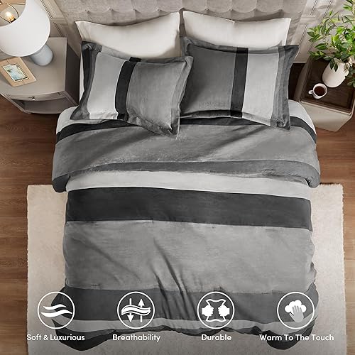 Miniatura 2 de Comfort Spaces Juego de edredón tamaño Queen, 3 piezas de microgamuza de lujo, diseño de piezas de bloques de color a rayas, juego de edredón de