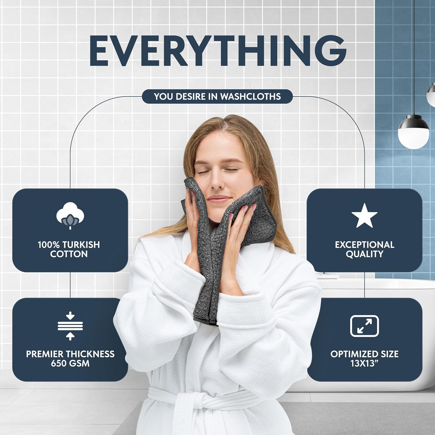 White Classic Luxury Cotton Washcloths 13x13 Inch - 650 GSM Turkish Cotton | Hotel, Spa, Bathroom Face Towel | 12 Pack, Dark Gray - Image 2