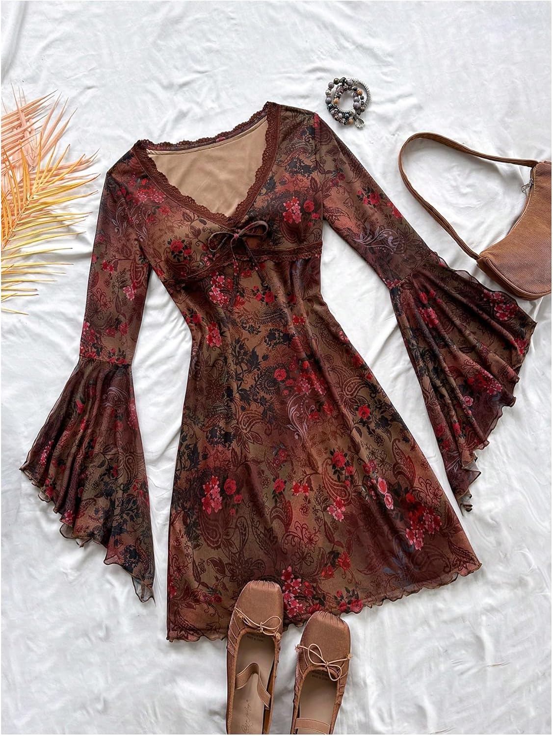 WDIRARA Women's Vintage Floral Print V Neck Dress Mesh Split Ruffle Long Bell Sleeve Dresses - Image 2