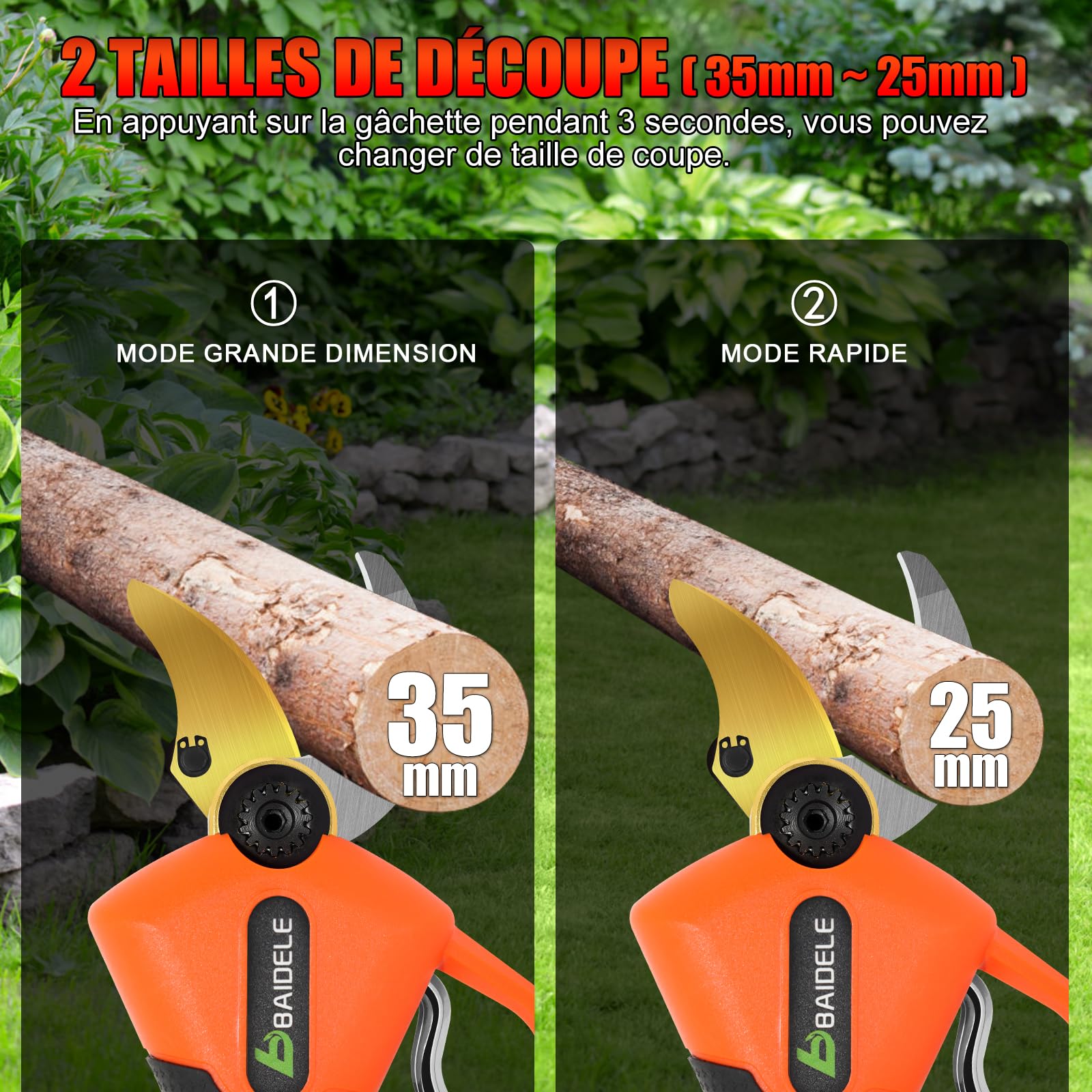 Secateur Electrique Sans Fil, 35mm Secateur a Batterie avec 2 x 2,0AH Batteries au Lithium, 8 Heures D'utilisation, Poignée Anti-Fatigue, Idéal Pour La Taille Des Jardins, Des Vergers et Des Vignobles