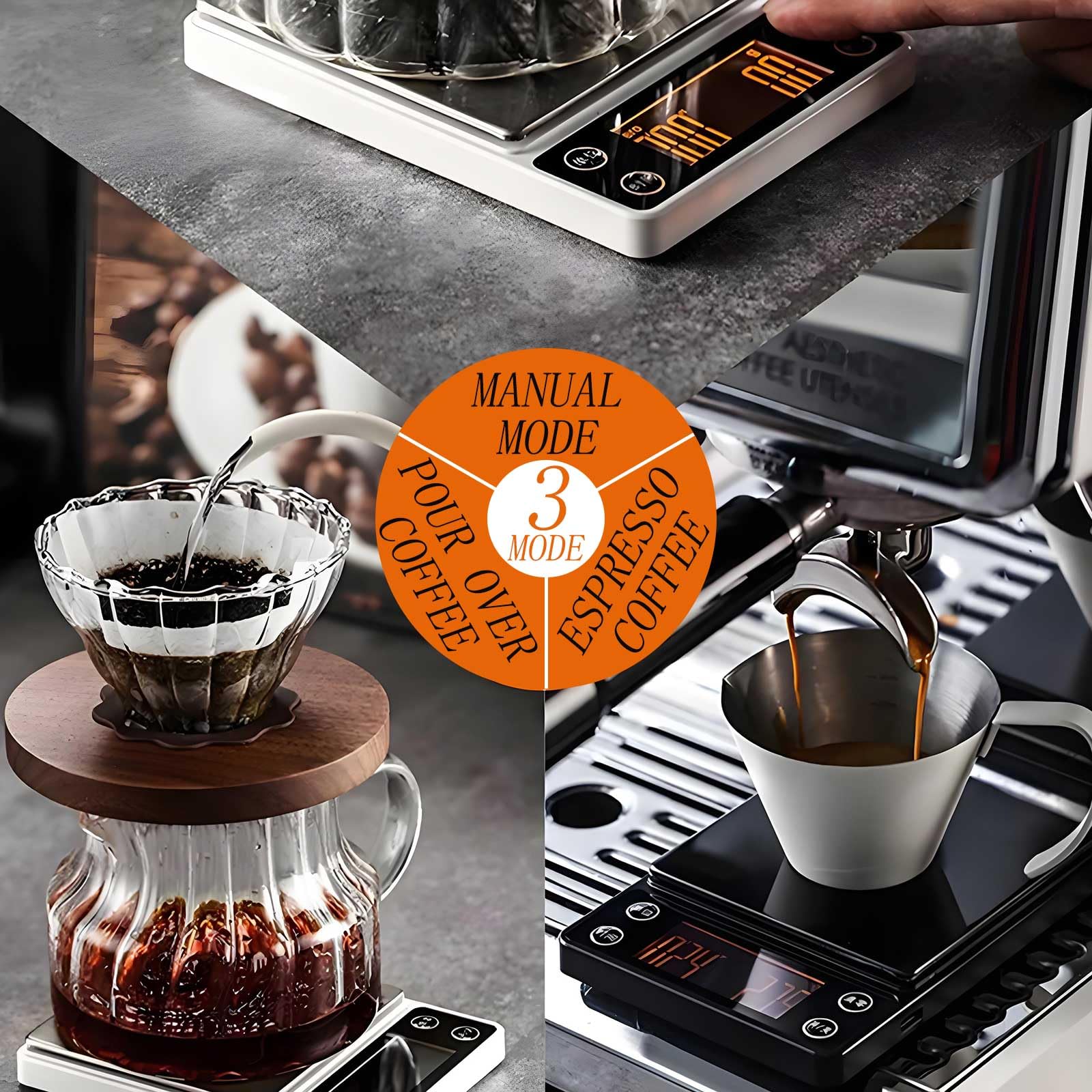 Báscula de café espresso con temporizador, precisión de 3 kg/0,1 g, báscula digital de café para verter sobre café, portátil, recargable, tara automática y flujo de agua inteligente, adecuada para