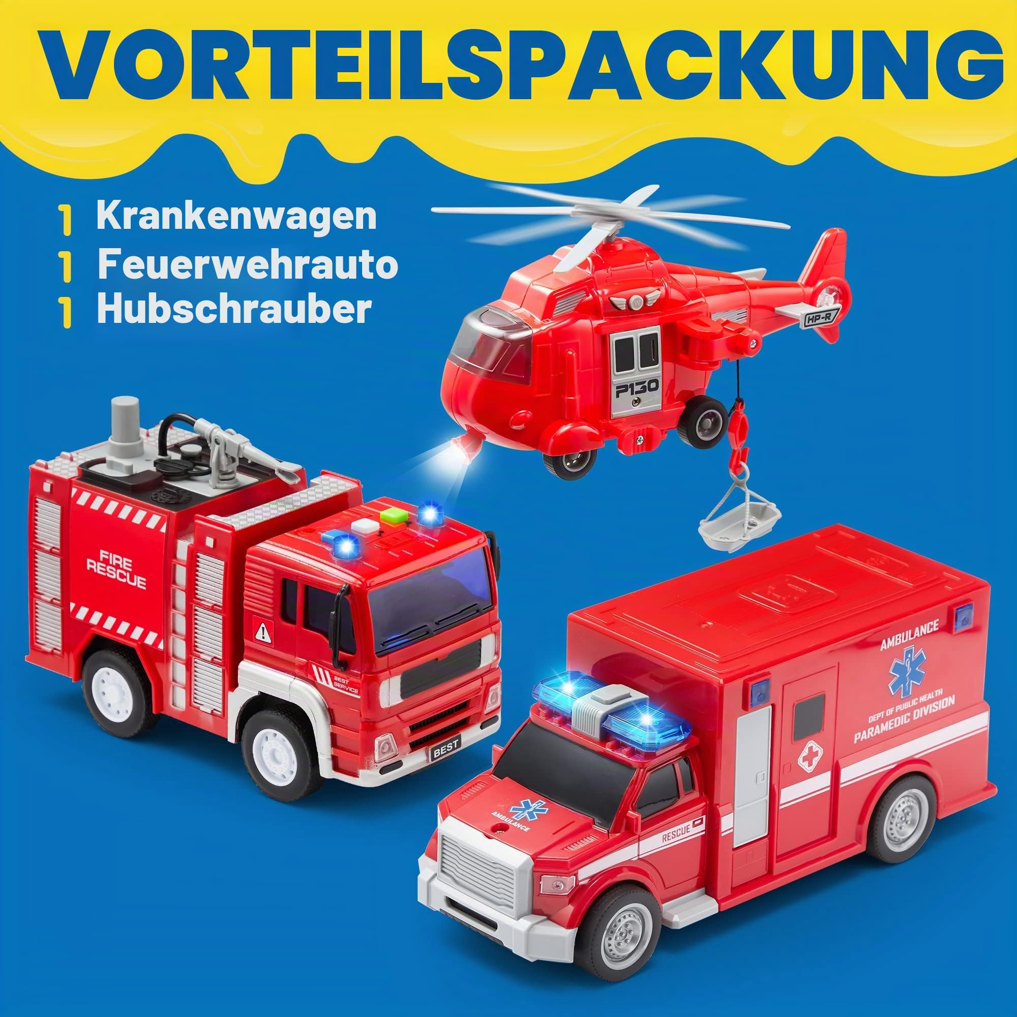 JOYIN 3 in 1 Reibungsgetriebenes Feuerwehr Spielzeug, Rettung Fahrzeug LKW Auto Set mit Hubschrauber, Krankenwagen und Feuerwehrauto mit Licht und Ton, Geschenk für Kinder Jungen