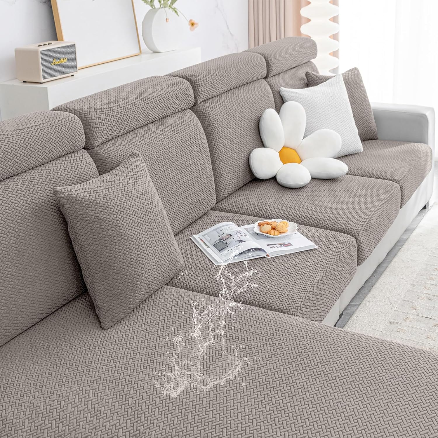 Smiry Waterproof Couch Cushion Covers, Stretch Jacquard Sectional Couch Covers, L Shape Chaise Lounge Sofa Slipcover, Washable Elastic Furniture Protector for Pets, Kid (Chaise Cover, Taupe)