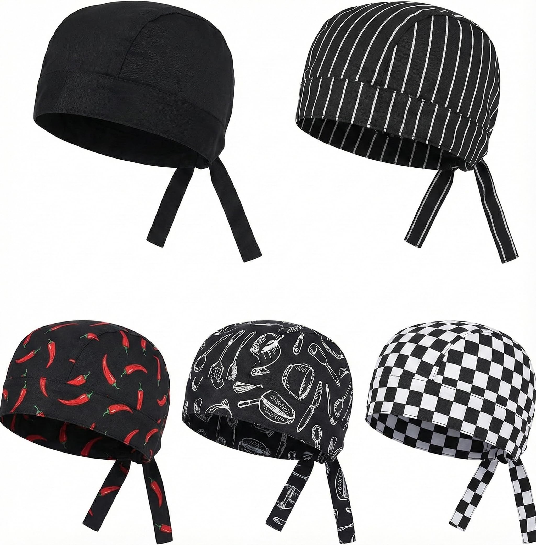 5 Piezas Gorros de Cocina Ajustables, Bandana Chef Unisex para Hombre y Mujer, Gorro Cocinero Profesional Estilo Japonés (Negro, Rayas, Chile, Cubiertos, Cuadros) para Restaurante Hostelerí