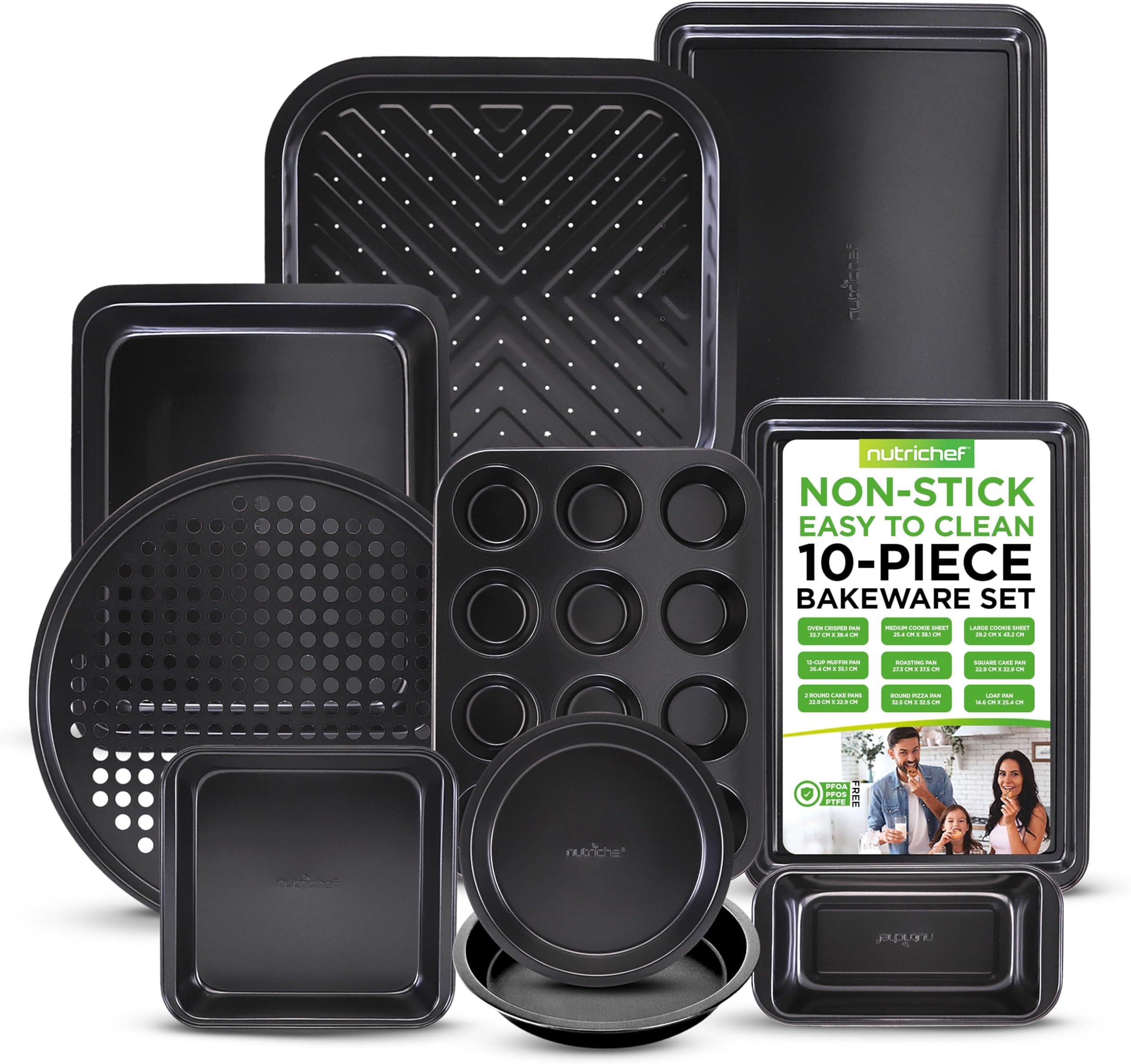 Oven Tray Set, Baking Trays for Oven Non Stick Set, Bakeware Cooking Pans, Cookie Sheets, 10 Piece Carbon Steel Square, Round, Loaf, Pizza, Cupcake Tins, Dishwasher Safe, Black