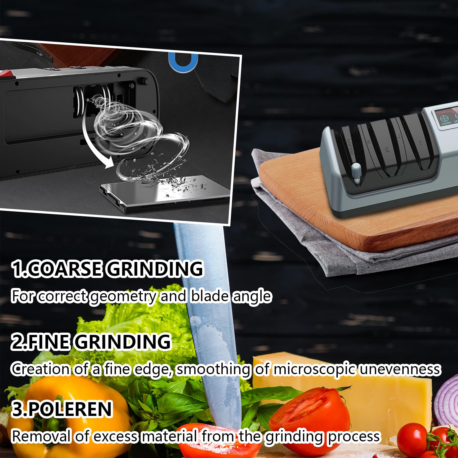 Affilacoltelli Elettrico, Affilacoltelli Multifunzione a 3 Velocità Diamantati con Display Guide Precise per Coltelli da Cucina, Forbici e Cacciaviti