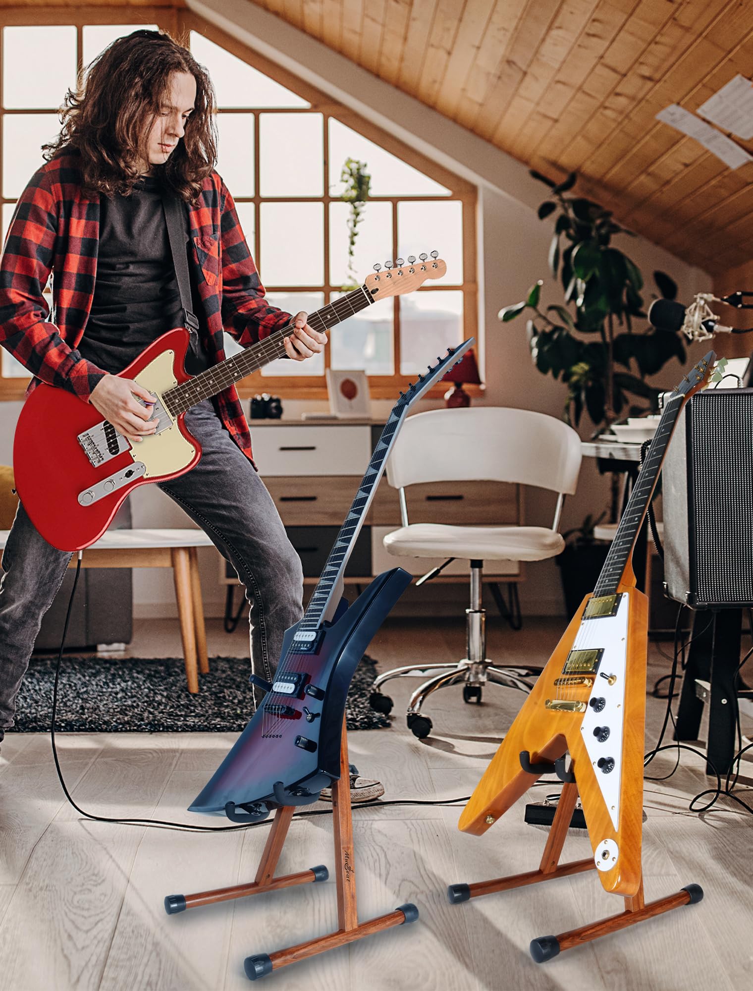 Universal E-Gitarrenständer, A-Form Bassständer mit Kippschutz & EVA-Polstern, E-Bass Halter passend für Kelly, Rhoads, Firebird, Explorer, Strandberg & extreme Formen, für Studio & Bühne