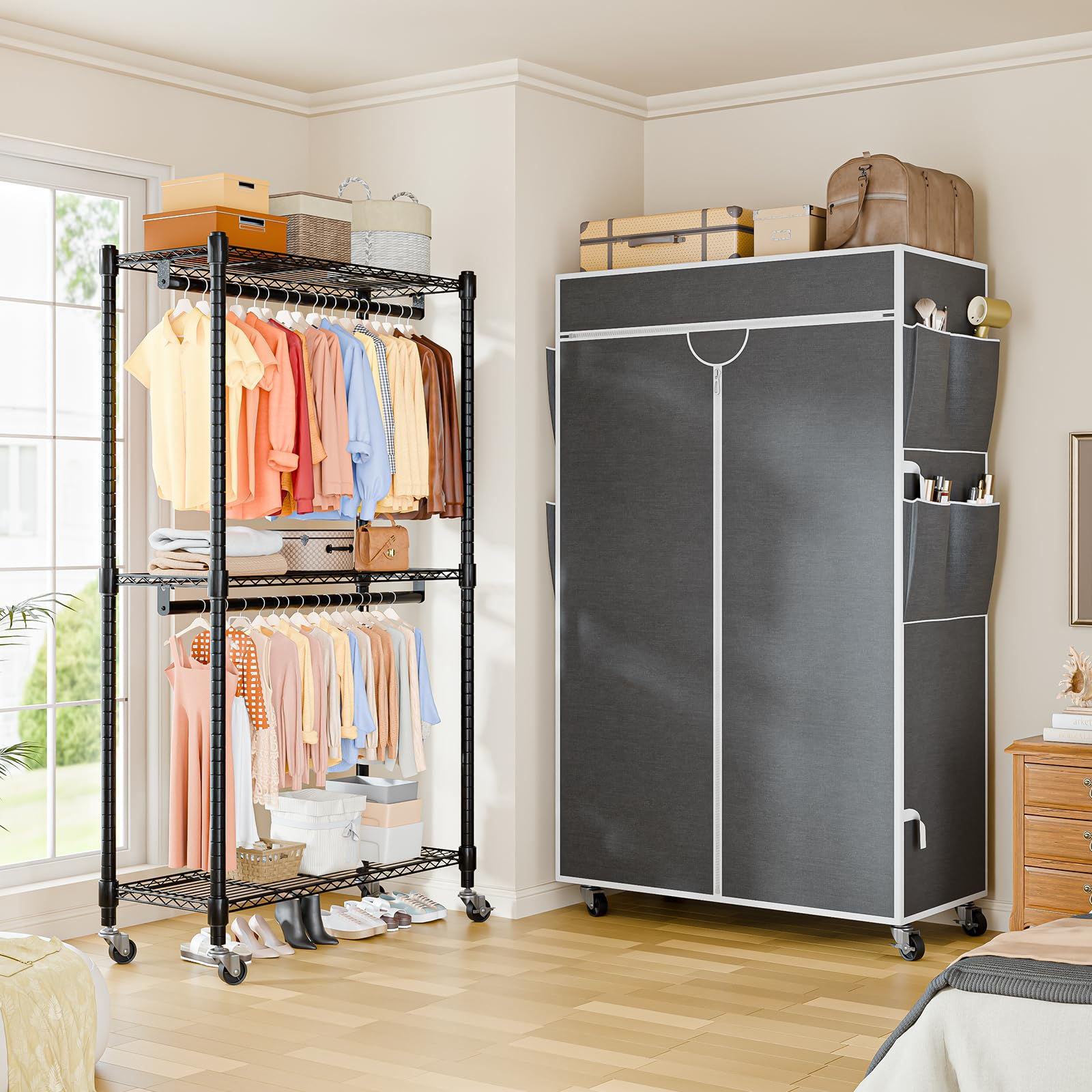 Himimi Appendiabiti su ruote, stabile, doppio appendiabiti con copertura e ripiano regolabile in altezza, armadio aperto in metallo, per camera da letto, 90 x 45 x 205 cm, grigio