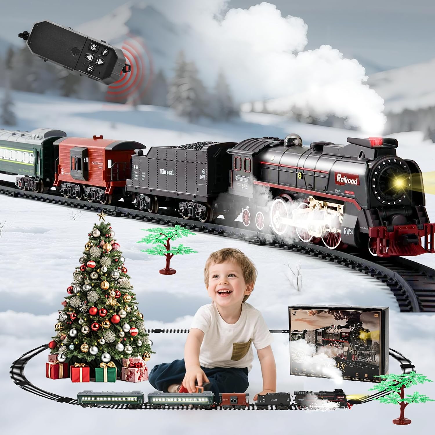 Electric Train Toy Steam Train Toy with Rails Steam Light and Sound Electric Christmas Train for Children from 3 Years Christmas Train Around the Tree Gift for Children