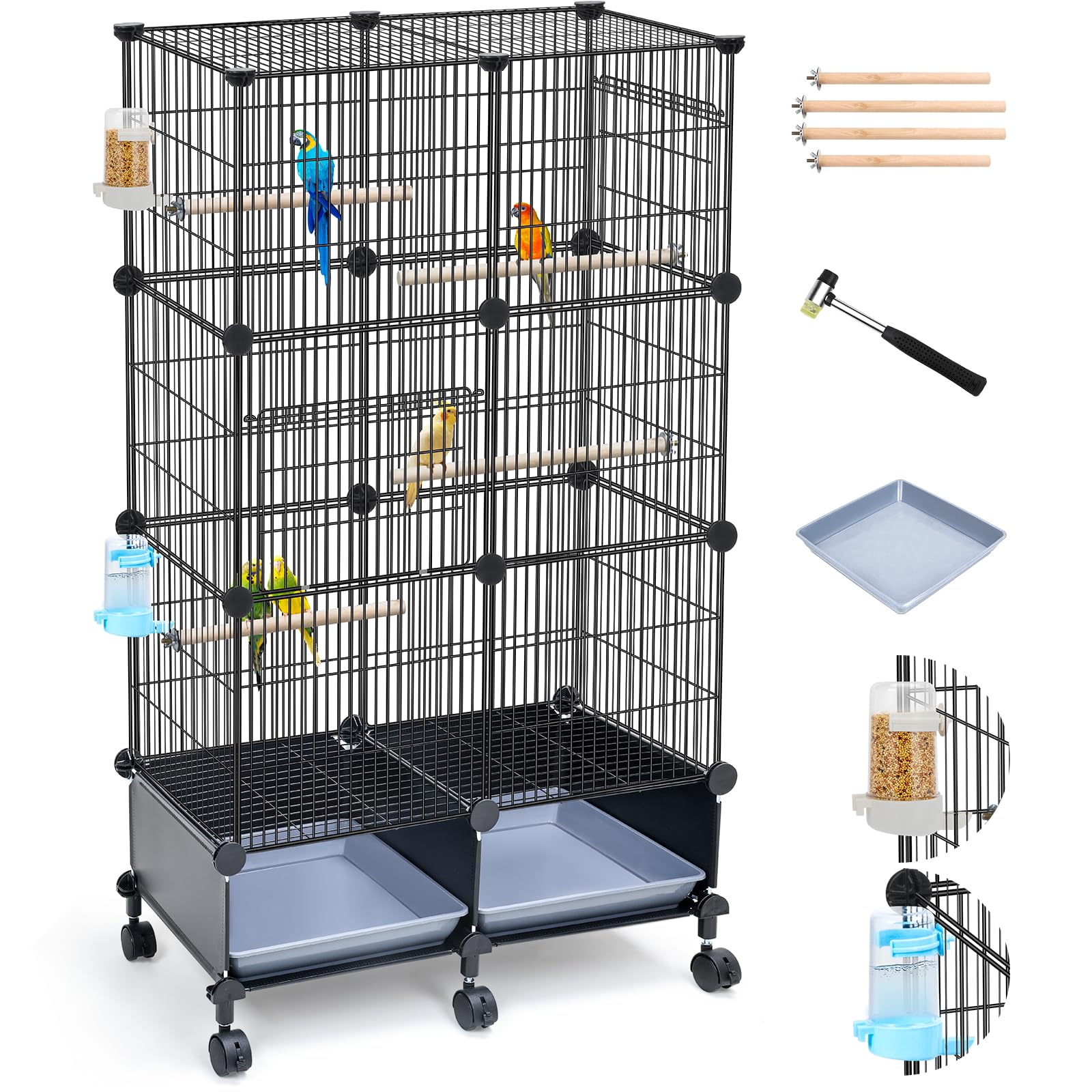 46-Inch Bird Cage, with Wooden Perches, Durable Metal Parakeet Cage with Slide-Out Tray, Water Bottle & Feeder, Bird Cages for Parrot, Parakeets, Cockatiel, Lovebird, Pigeon and Small Birds