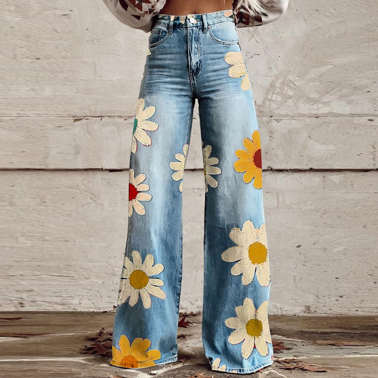 Pantalon Évasé Femme Imprimé Marguerite Bouton Fermeture Éclair Poches